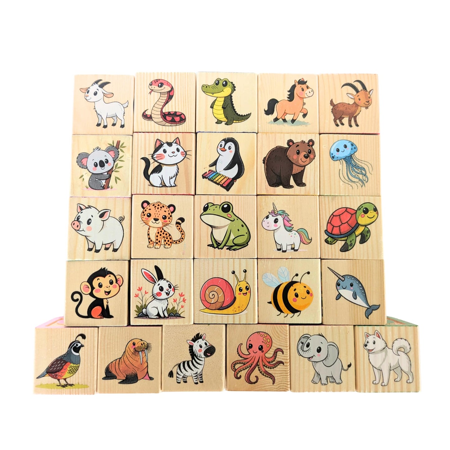 Tot Dojo ABC-123 Pine Wood Educational Blocks Set, 26 Pieces – Alphabet, Numbers, Animals, Fruits & Patterns for Toddlers