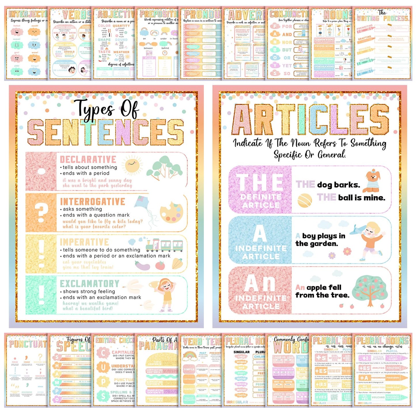 Humyoun 20 Pcs Parts of Speech Poster for Elementary Classroom Grammar Poster Educational English Class Must Have for Elementary Middle School Classroom Decor, 14x11 Inch(Pastel,Patch)
