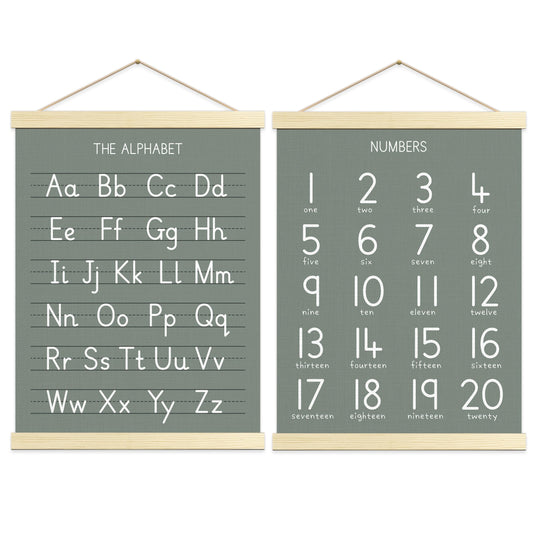 Numbers Alphabet Poster for Toddlers,Educational Wall Chart for Nursery Kids Learning, Homeschool & Playroom Decor and Bedroom for Wooden Hanger Frame Set of 2, 12x18 Inch - A02