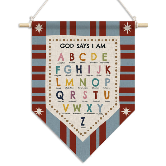 RUKUPA Christian Nursery Wall Art Decor, Alphabet Classroom Hanging Pennant Flag, God Says I Am Bible Verse Religious Wall Art Poster Hanger for Kids Room Bedroom Playroom Classroom Decor, 11x15 Inch