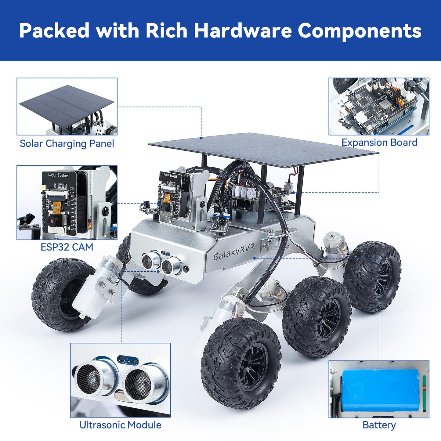 SunFounder GalaxyRVR Mars Rover STEM Kit for Arduino, Compatible with Uno R3, Rocker-Bogie Suspension,Scratch,C,Camera, FPV, Rechargeable Battery, for Students, Educators, Engineers