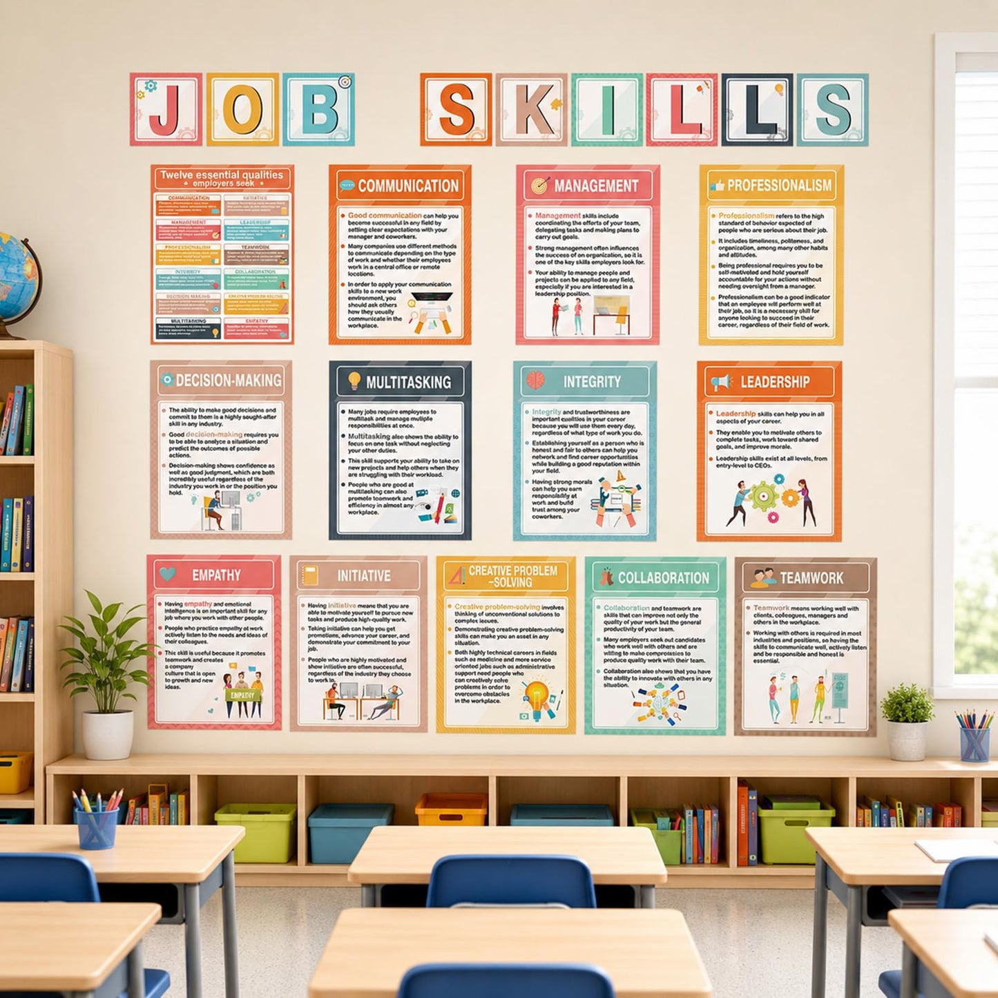 22Pcs Job Skills Posters Educational Bulletin Board Set Essential Qualities Employer Seek Poster Career Bulletin Board for High School Career College Classroom Library Workplace Wall Decor, Boho