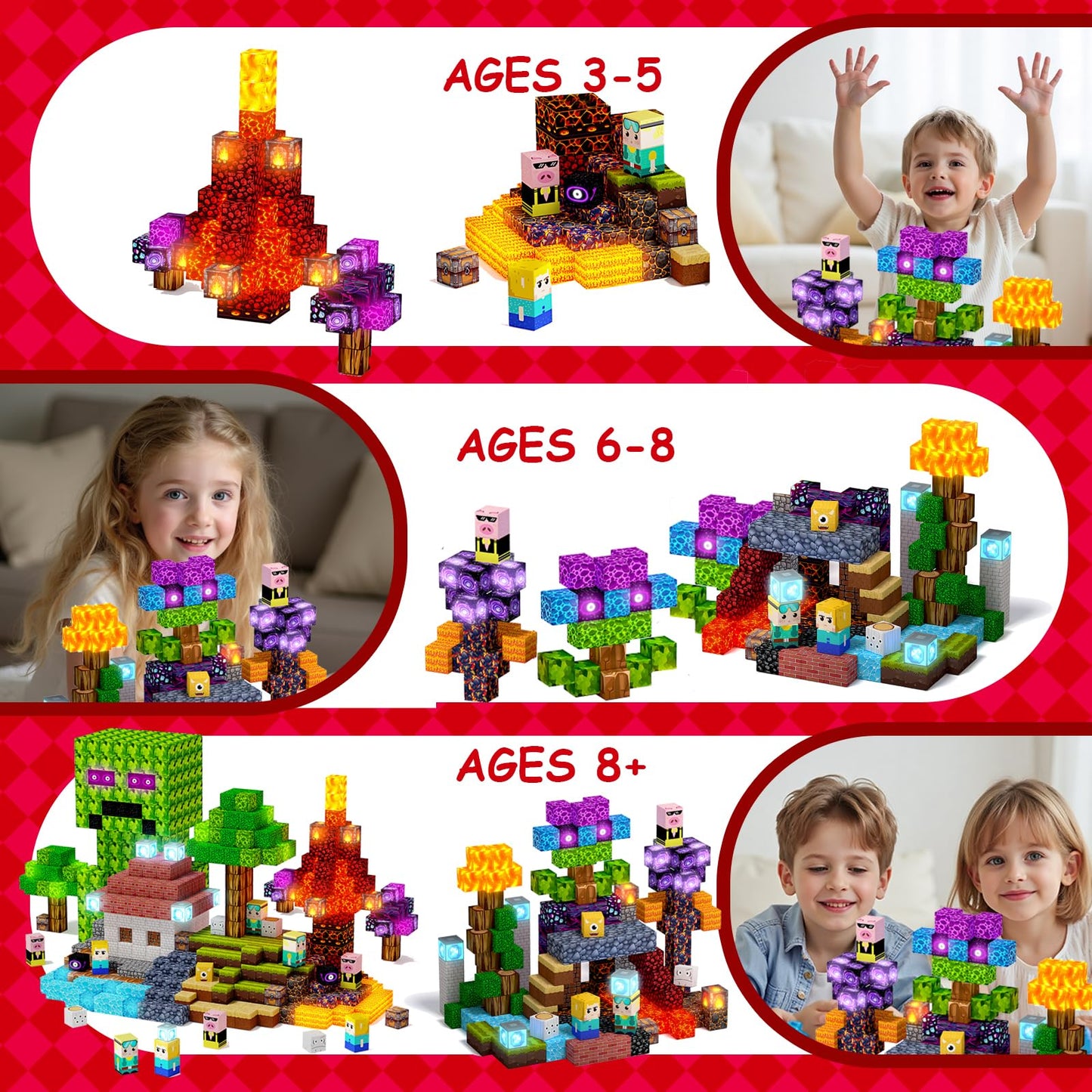 200 PCS Magnetic Blocks with Light Up Building Blocks - 20 Light Up Cubes, STEM Sensory Construction Toys for Kids Ages 4-8, Montessori Magnet Stacking Cubes, Gifts for Boys Girls 3 4 5 6 7 8-12