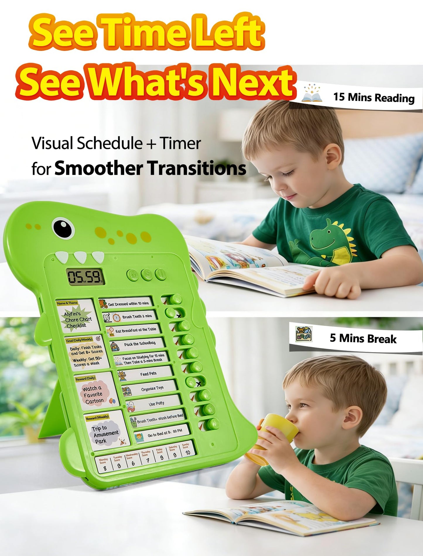 Dinosaur Visual Timer for Kids with Digital Timer & Schedule Board
