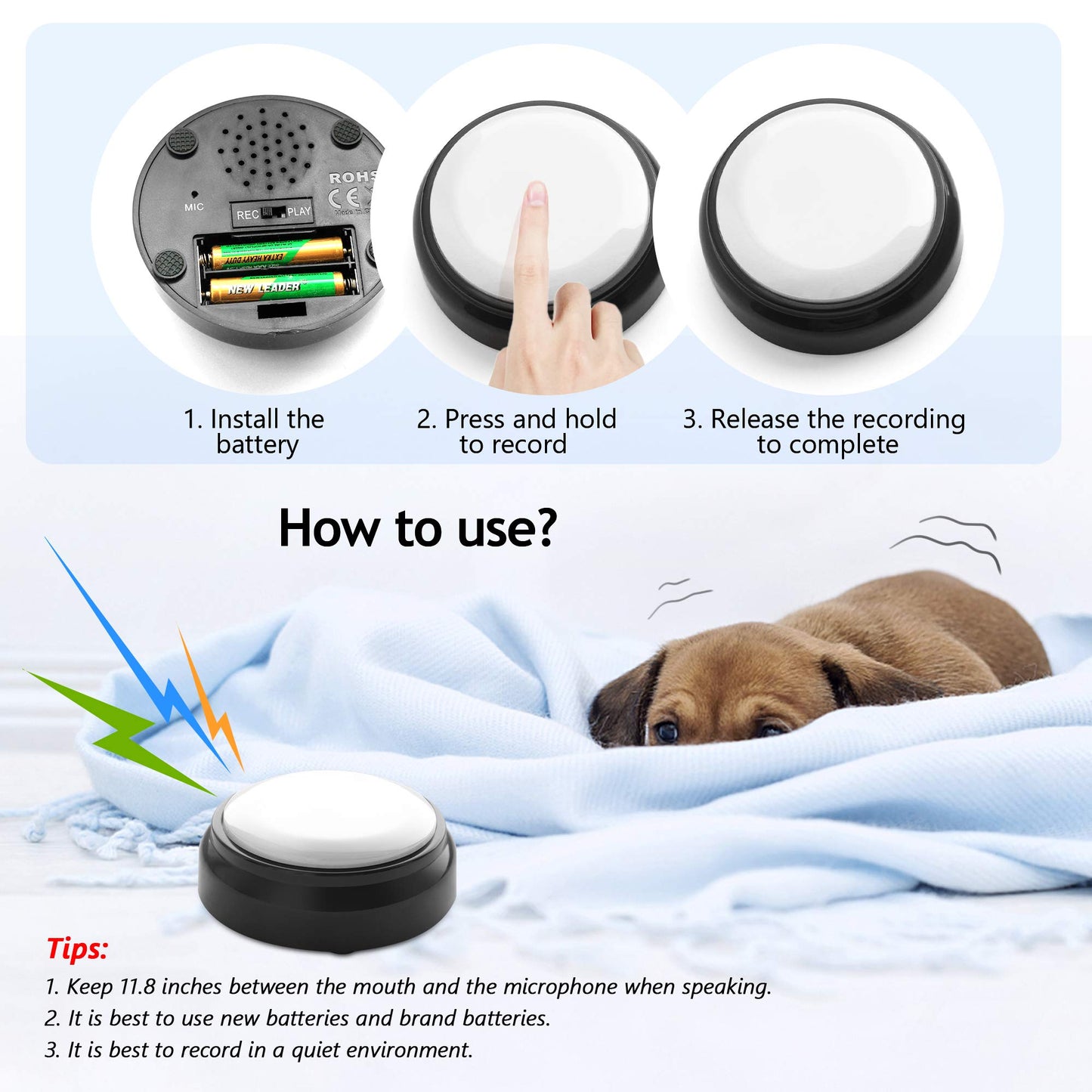 Recordable Button, Sound Button Record Talking Button Answer Buzzers Funny Buttons Record Your Own Words with 30s Voice Recording Time Also Used for Dog Training - White and Black (Battery Included)
