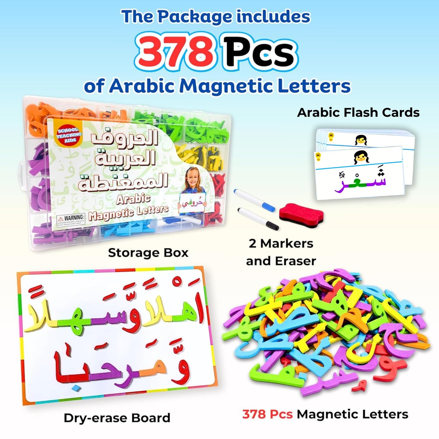 Arabic Magnetic Letters Kit – 378 Pcs Educational Alphabet Learning Set with Dry-Erase Board, Arabic Flash Cards, Markers & Eraser – Montessori Toy for Kids, Toddlers & Teachers