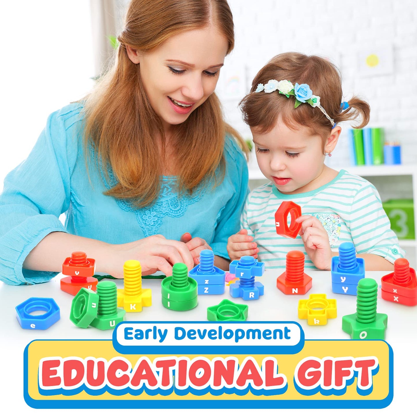Letters Learning Matching Game | Preschool Toys Set for Toddlers | 26 Alphabet Learning Toys with 52 pcs Nuts and Bolts Sorting & Stacking Toys, ABC learning Educational Montessori Toy for Kids