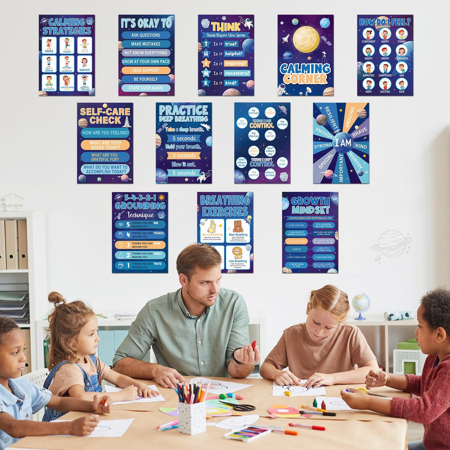 12Pcs Calming Corner Posters for Classroom Space Emotions Feeling Poster for Kids Inspirational Back to School Wall Decor Solar System Mental Health Posters for School Office Home Teacher Supplies