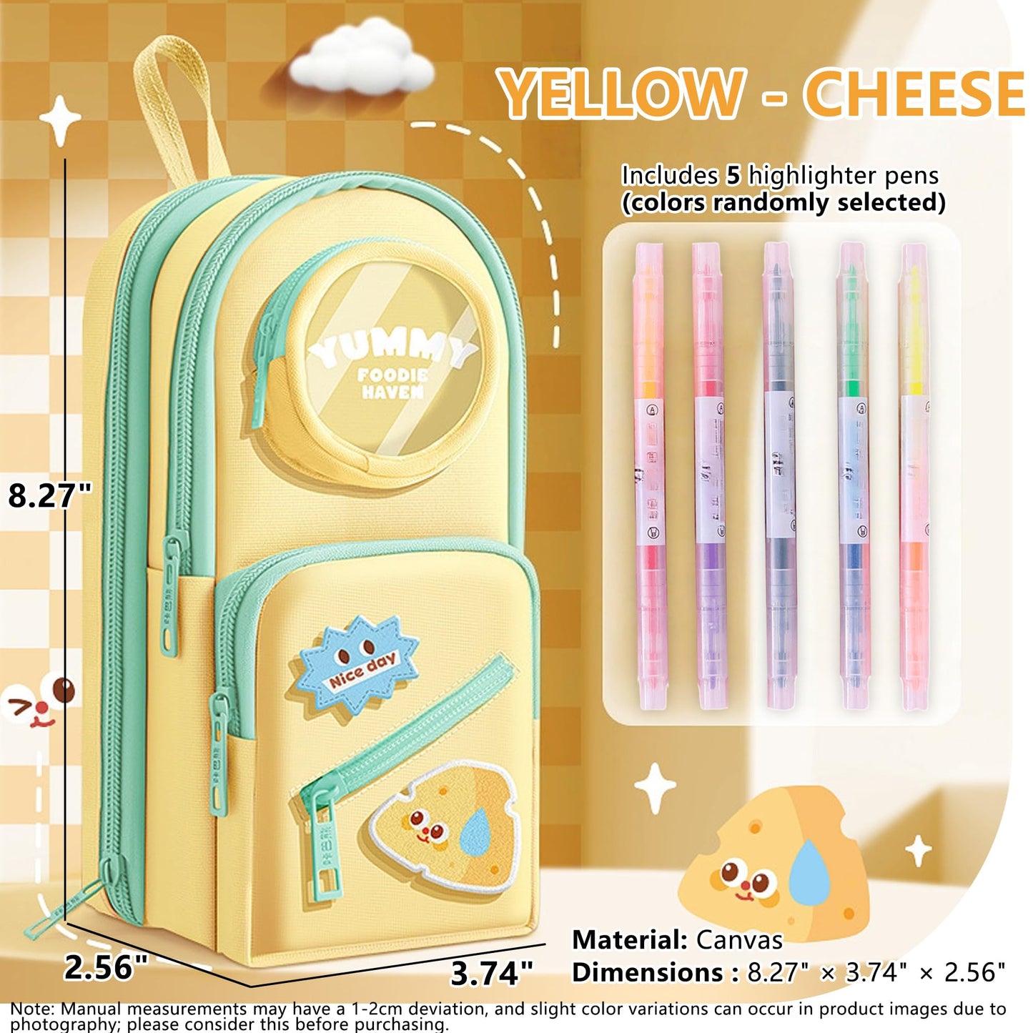 UINSUE Mini Backpack Pencil Case Art Marker Storage Canvas Makeup Pocket Small Gadget Bag Organizer Random Free of Highlighters (YELLOW-CHEESE)