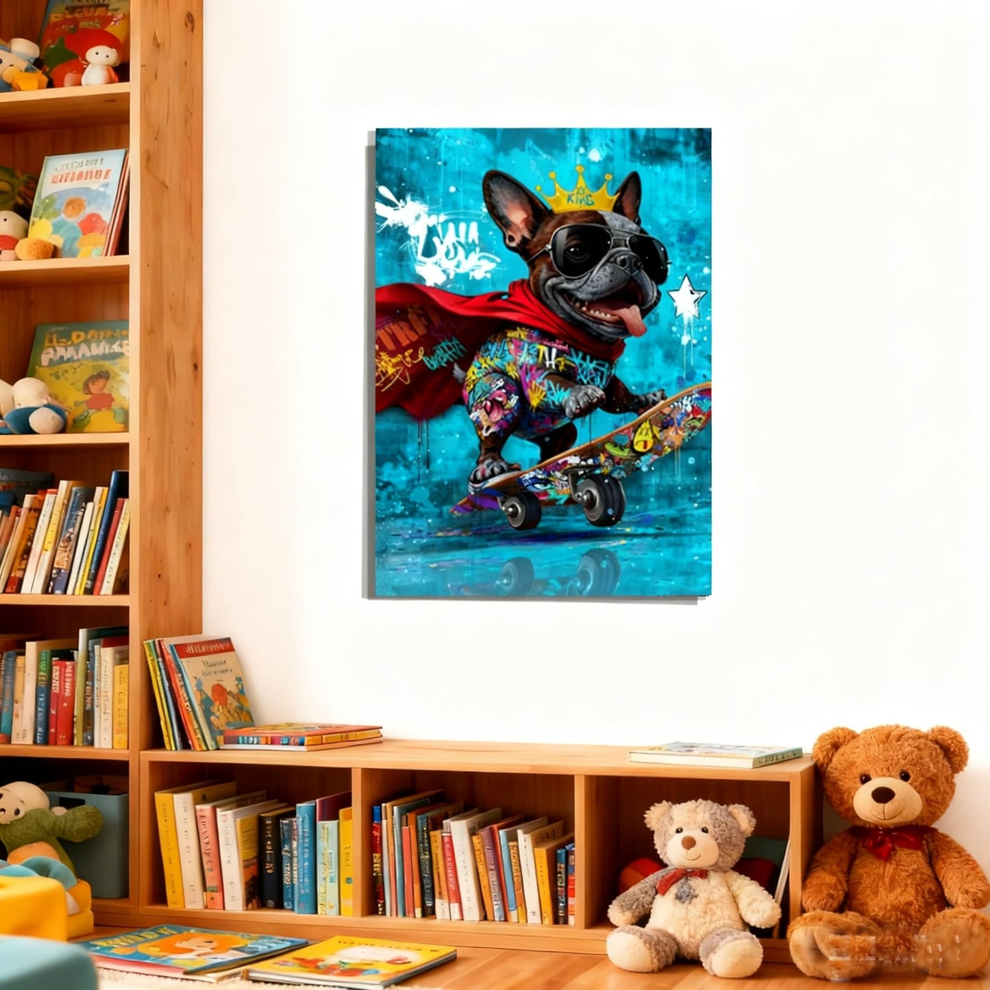 16x24 Graffiti Blue Skateboard Bulldog Canvas Wall Art Gallery Framed Poster Cartoon Dog Watercolor Painting Child Animals Bedroom Pictures Funny Pop Home Decor Teen Boy Kids Room Bathroom Prints
