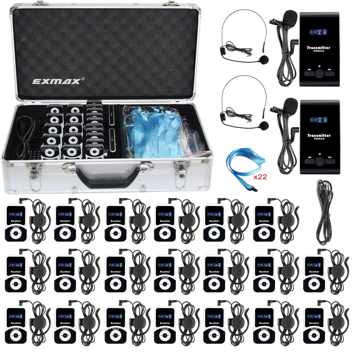 EXMAX Church Translation System Tour Guide Solutions for Social Distancing at Work ATG-100T 195MHz for Meeting Tour Group Exhibition(2 Transmitters & 20 Receivers + Aluminium Alloy Charge Case)