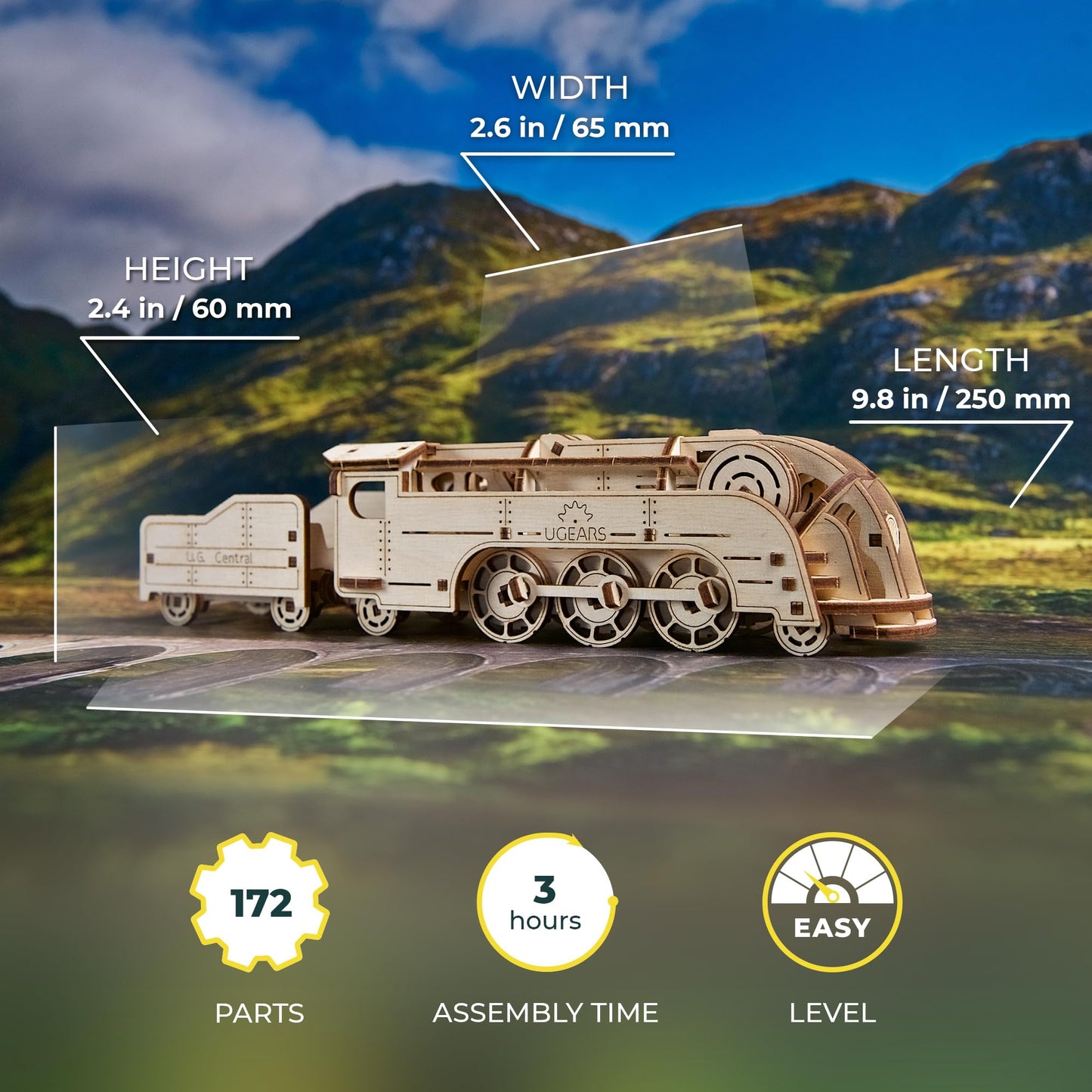 UGEARS Mini Locomotive 3D Wooden Puzzles for Adults - Wood Models for Adults to Build - Easy DIY Crafts for Adult Wooden Train Model Kit - Rubber Band-Powered Mechanical Puzzles