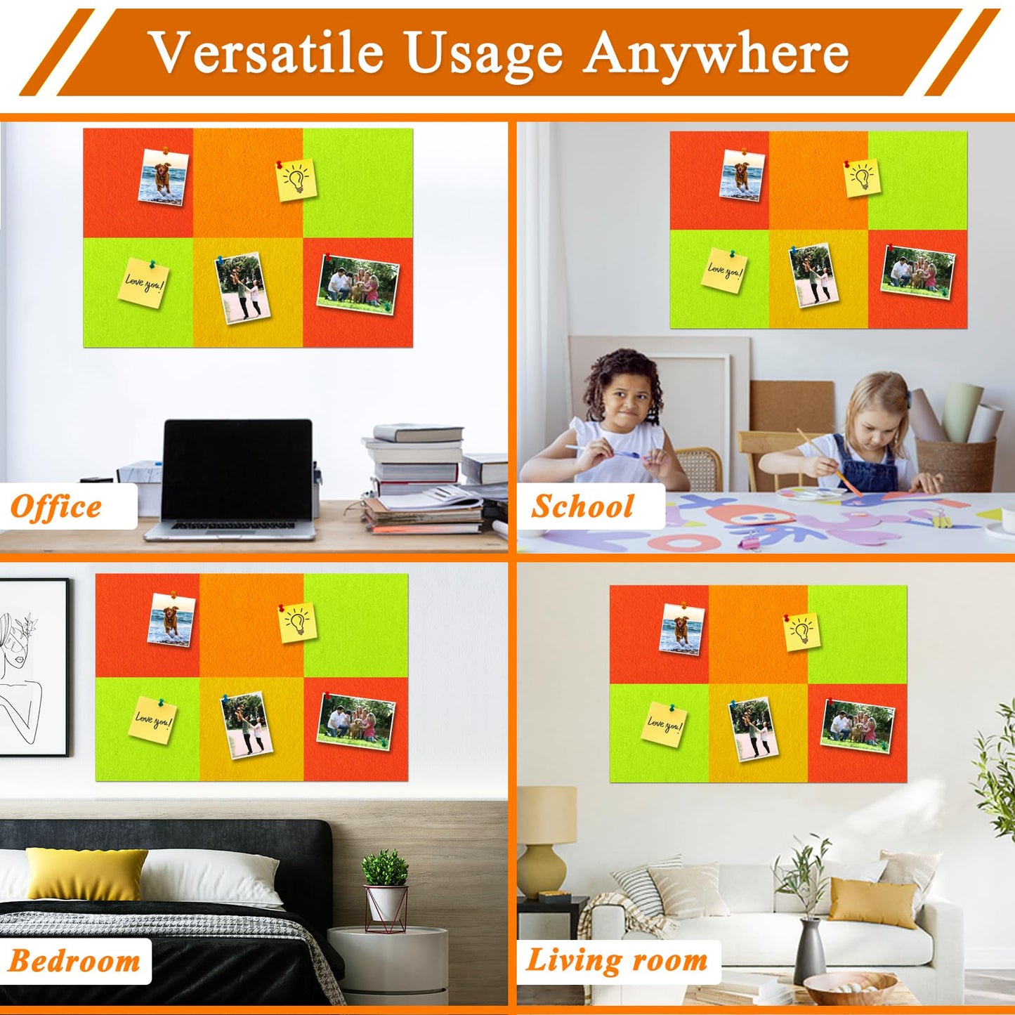 HULAVO Square Felt Cork Bulletin Board Tiles, Self Adhesive DIY Felt Pin Board for Wall 30" x 20" with 35 Pushpins for Office School Home Wall Decor Stickers Memos Photos Display (Gradual Orange)