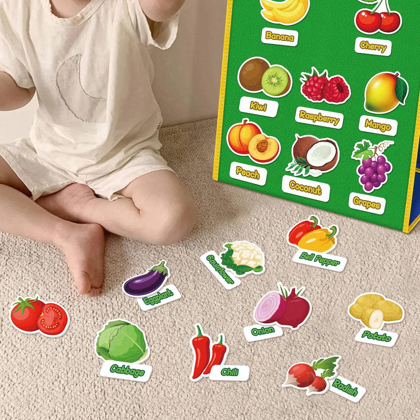 AKAYOK 90 Pcs Vegetables & Fruits Felt Board Story Pieces Set for Toddlers, Preschool & Kindergarten, Precut Felt Food Set for Kids Preschool Learning Activities