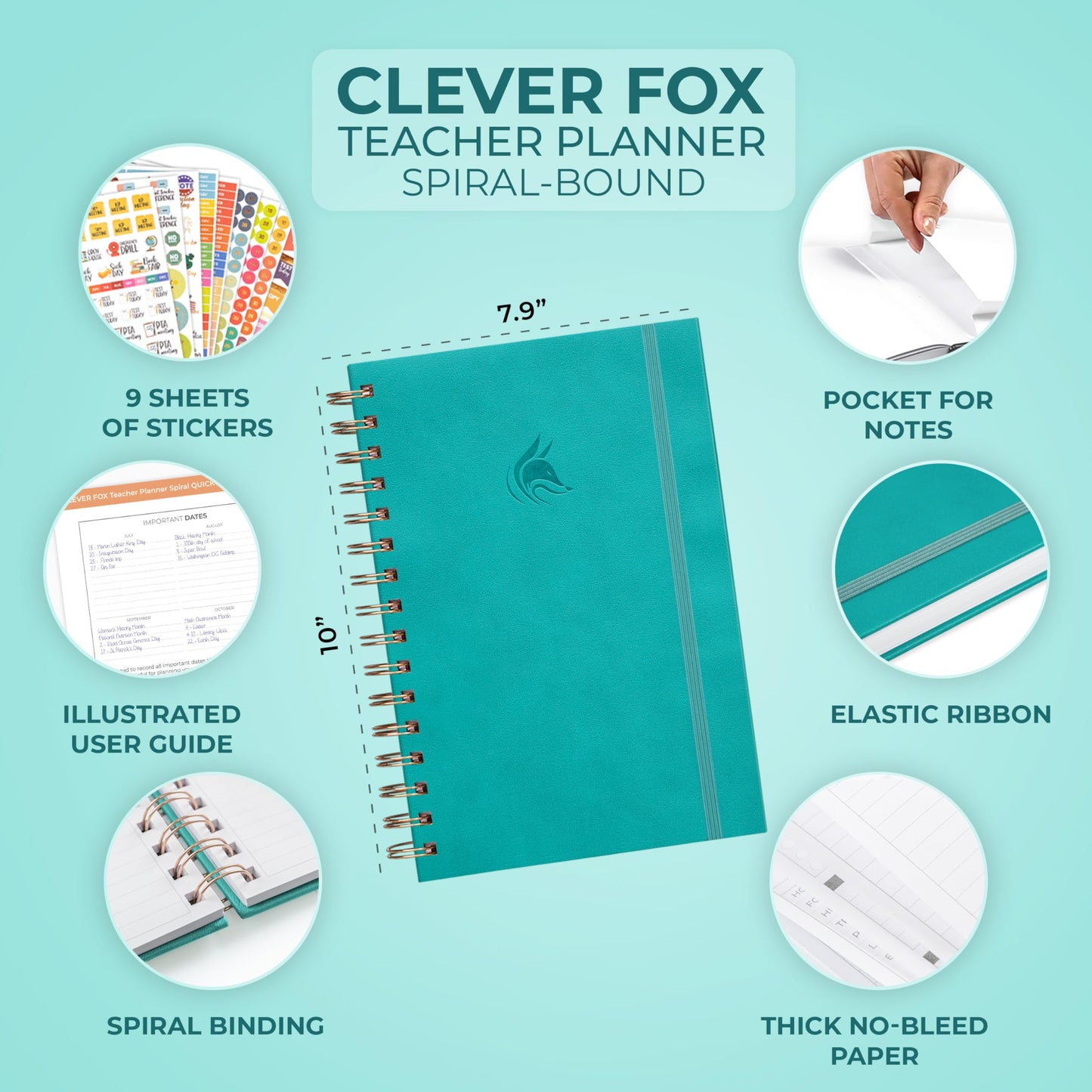 Clever Fox Teacher Planner Spiral – School Year Planner with Calendars & Lesson Plans – Teacher Plan Book for Classroom & Homeschool Organization - Undated, 7.9x10″ (Turquoise)