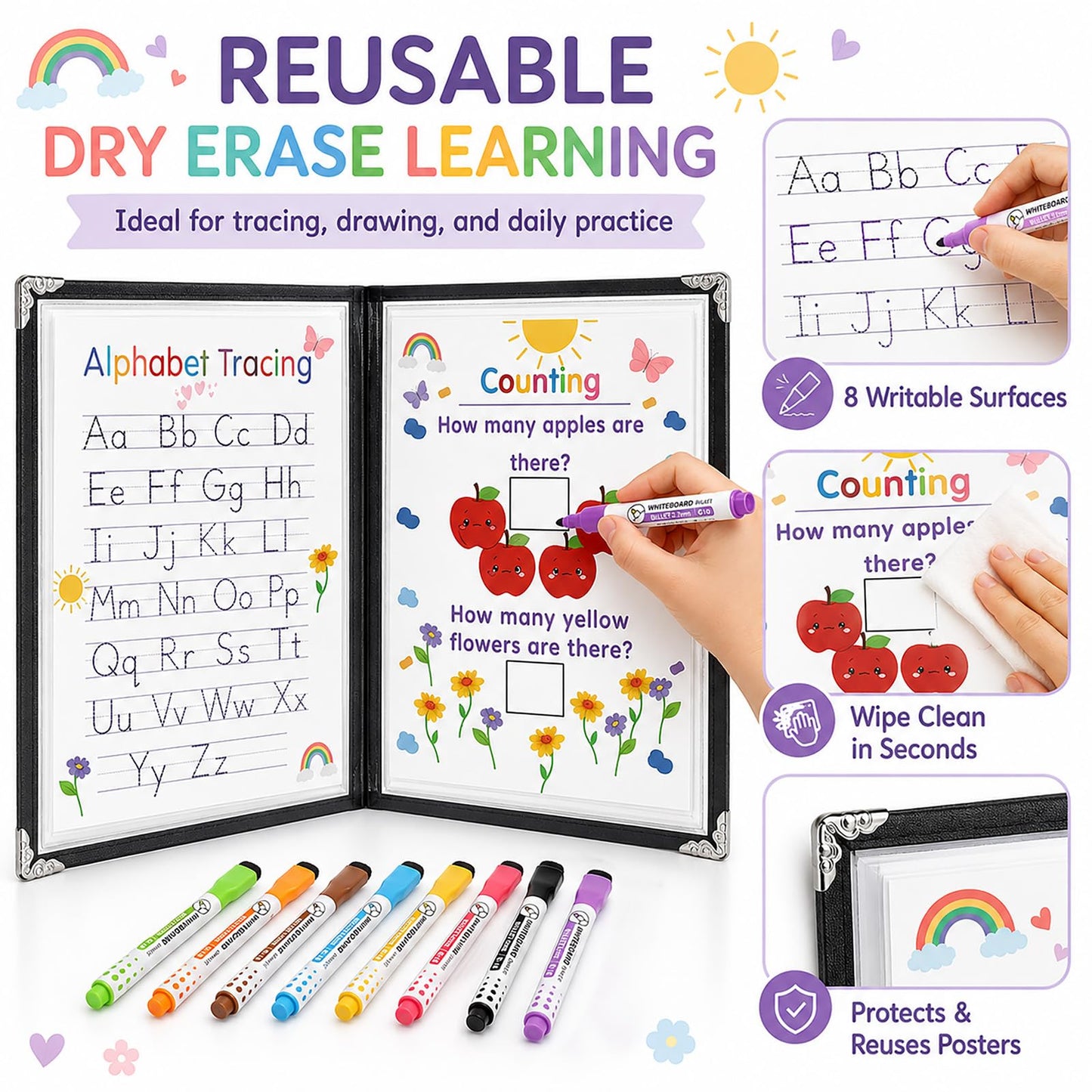 Hushee 31 Pcs Homeschool Morning Menu Kit for Toddler Preschool Kindergarten Prek Classroom Essentials Interactive Toddler Learning Binder, 21 Educational Posters 2 Dry Erase Menu Covers & 8 Markers