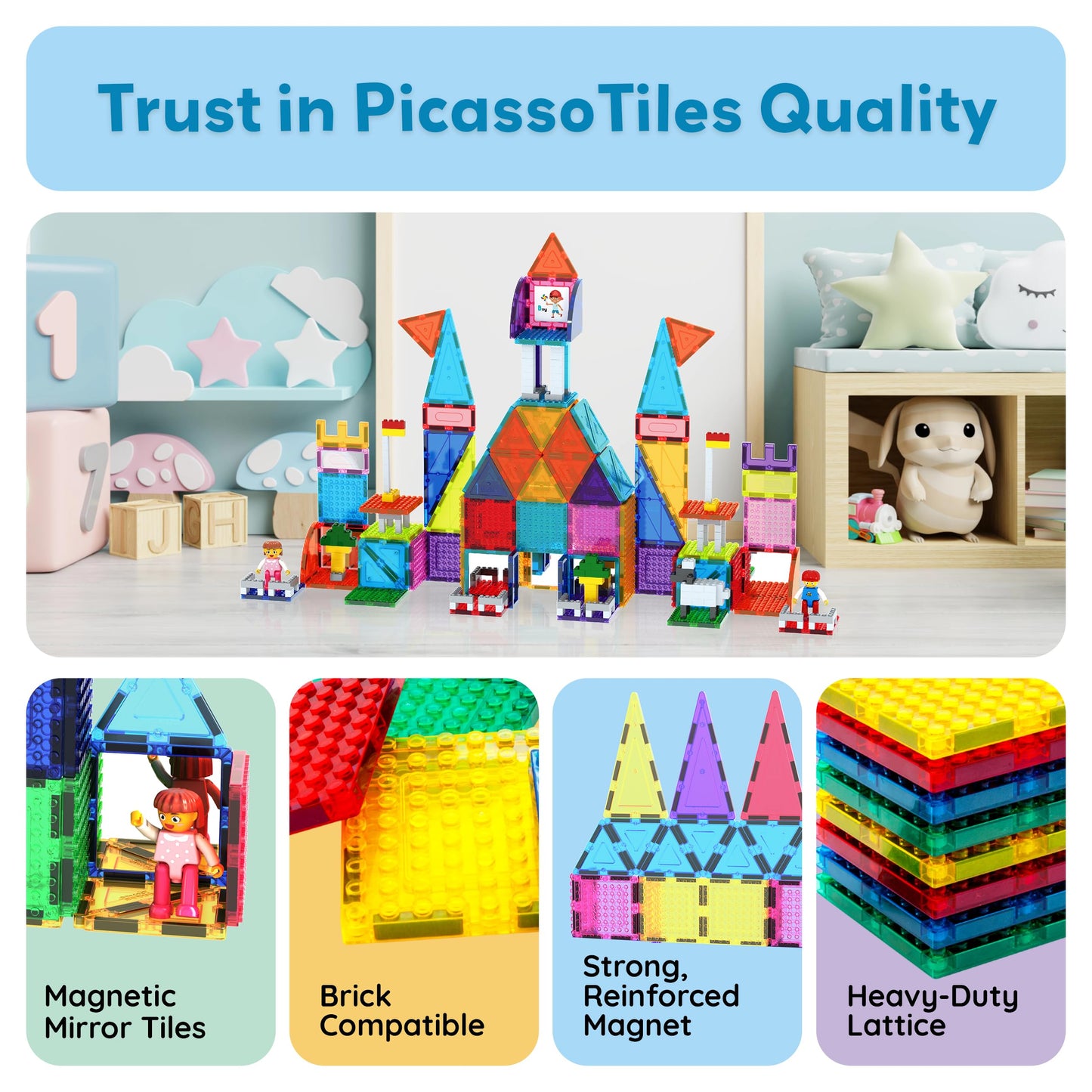 PicassoTiles 353pc Magnetic Brick and Magnet Tile Combo Set with Action Figures STEM Building Block Educational Construction Kit Preschool Classroom Toy Learning Activities for Kids Age 3 Plus PTL353