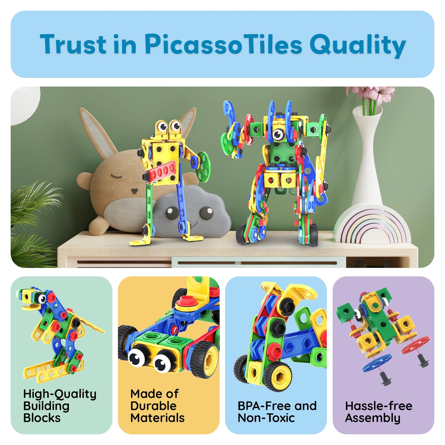 PicassoTiles 201pc STEM Learning Block Construction Kit with Power Drill and Clickable Ratchet Educational Engineering Toy Set Kids Age 3 Plus Preschool Activity Creative Play with Idea Book PTN201