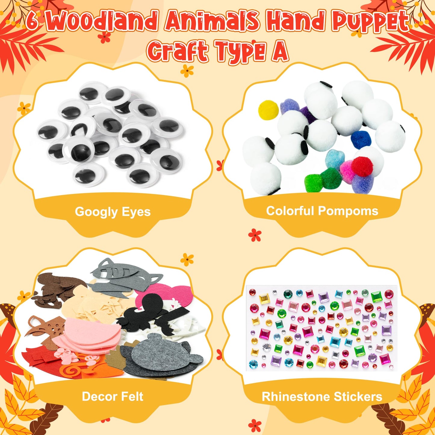 WATINC 6Pcs Hand Puppet Making Kit, Art Craft Felt Sock Puppet Toys, Creative DIY Make Your Own Pompoms Wiggle Googly Eyes Storytelling Role Play Party Supplies Gift for Girls Boys (Woodland A)