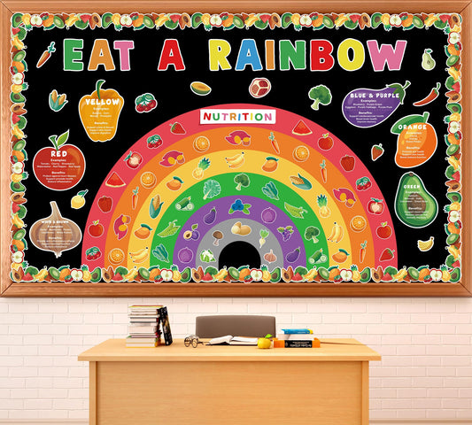 Eat A Rainbow Bulletin Board Set Healthy Food Fruit Vegetable Classroom Decoration Nutrition High Fiber Foods Cutouts Healthy Eating Board Border for Back to School Chalkboard Wall Decor Supplies