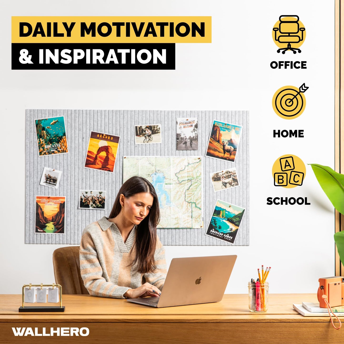 WALLHERO Office Cork Board, 59"x36" | 15 Pack | Felt Tiles for Wall, Tac Board, Large Felt Board, Wall Protector for Dart Board, (Gray Marble Slats)
