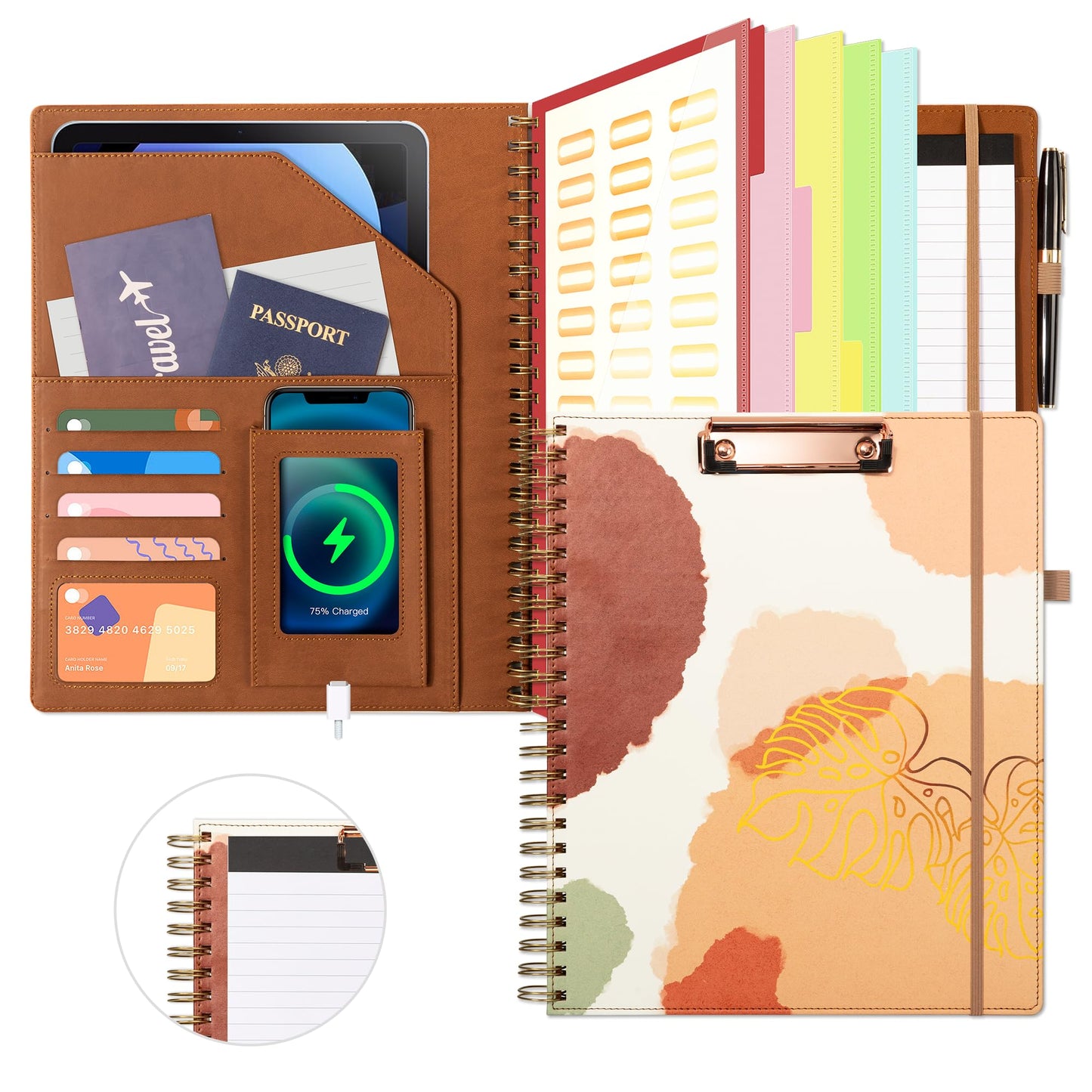 Ospelelf Clipboard with Storage for Men Women, Leather Padfolio Portfolio Organizer 5 Folders with 10 Pockets, Spiral Clipboard Folio with Notepad for Letter Size, Elastic Closure and Pen Loop Brown