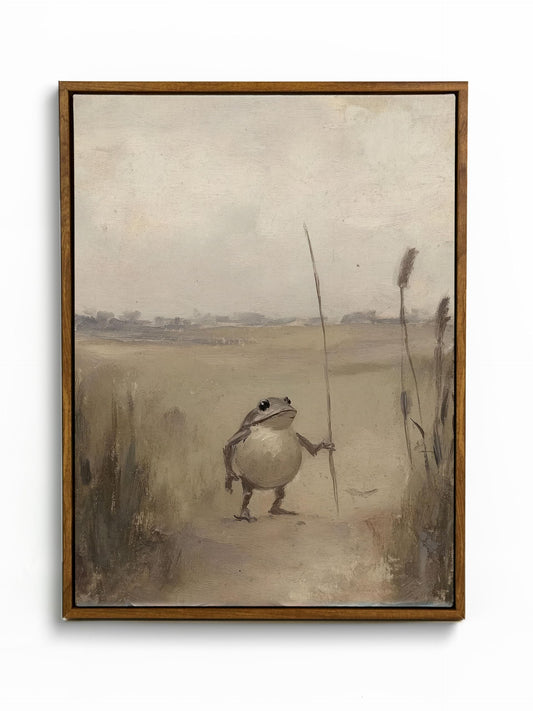 Framed Whimsical Frog Traveler Wall Art Vintage Cottagecore Painting Animal Canvas Poster Funny Animal Picture Print Moody Nature Wall Decor For Home Bedroom Office Ready To Hang
