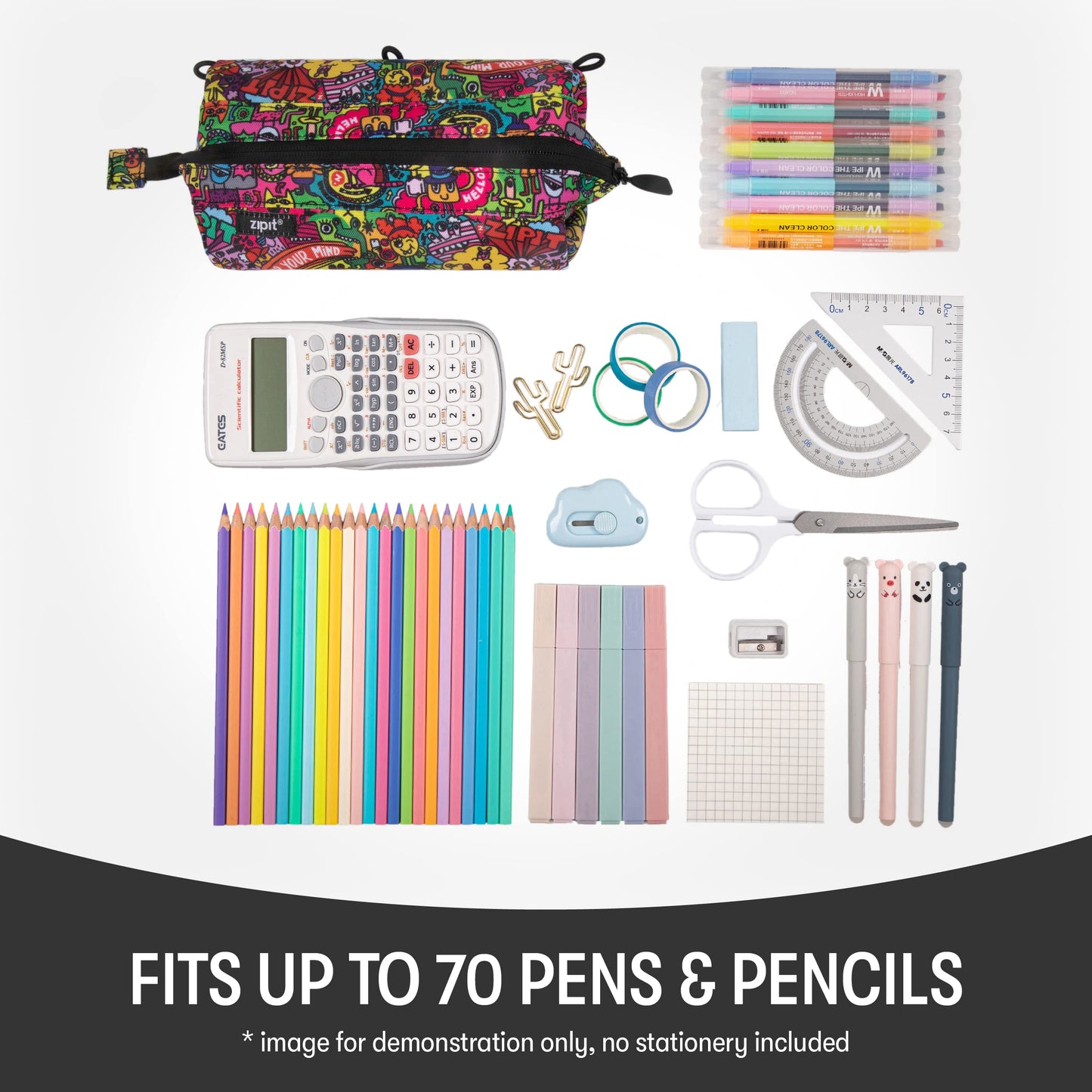 ZIPIT: Lenny Pencil Case - Doodles - Large Storage Capacity Zipper Pouch, Makeup-Stationery Bag, School-Travel, Washable Polyester, Kids-Teens-Adults