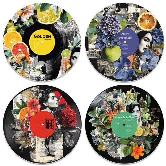 DOODLREAM 4PCS Vintage Lady Vinyl Record Wall Decor 12" Hippy Collage Leaf Orange Wall Art Posters for Room Aesthetic, Retro Record Decorations for Music Party Studio Living Room DIY Craft Project