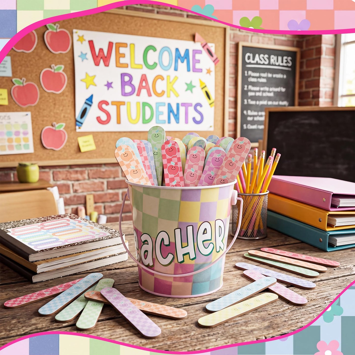 ReliThick 101 Pcs Pastel Checkerboard Flip Name Sticks with Metal Buckets Back to School Talking Sticks with Metal Holder Set for Classroom Management Tool Teacher Essentials Educational Activities