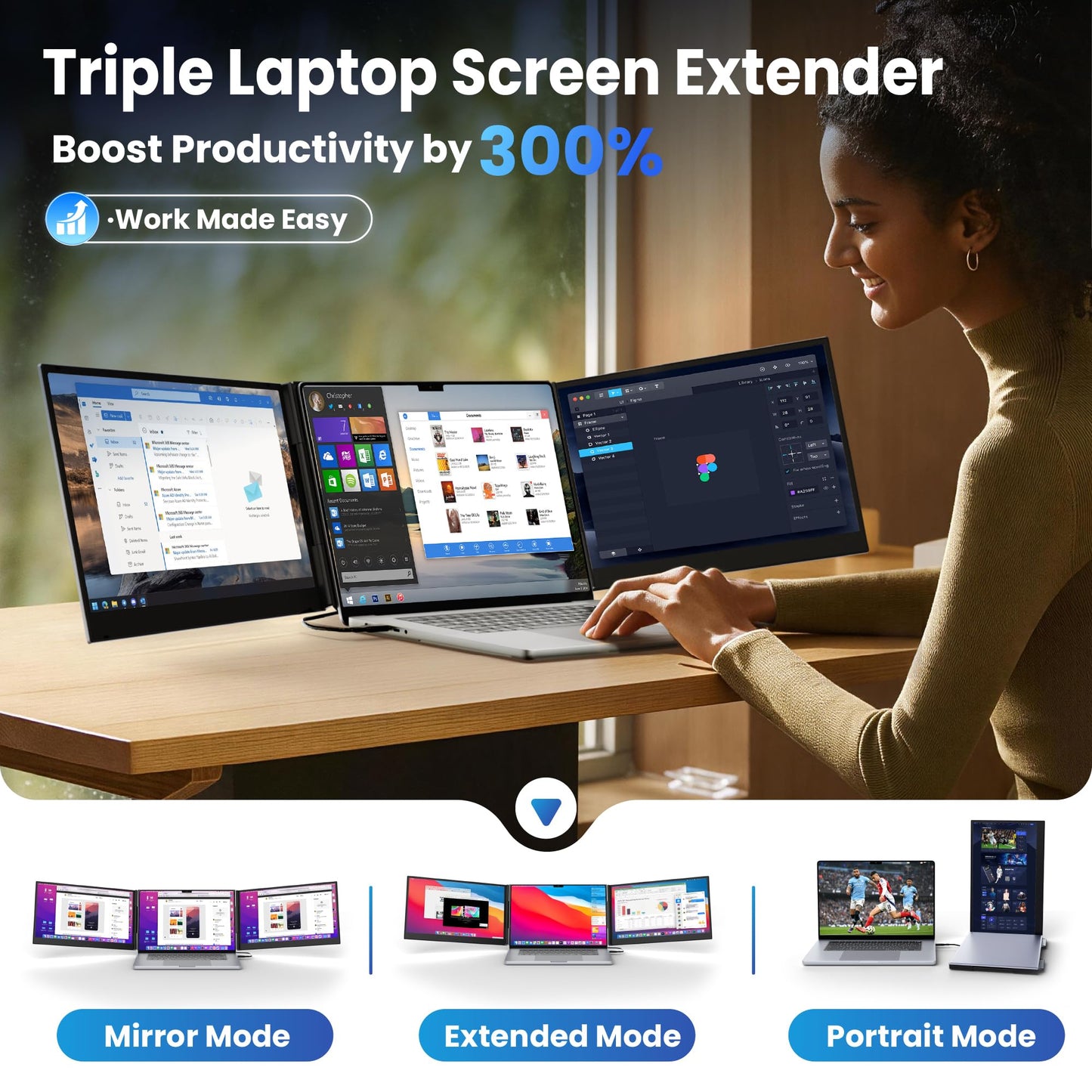 CIDETTY One Cable Connection Laptop Screen Extender Monitor Portable, Ultra Thin 15.6" 1080P FHD Triple Screen,Fit for 13-17" Laptop, Plug & Play Compatiable with Win/Mac/Chrome/Android
