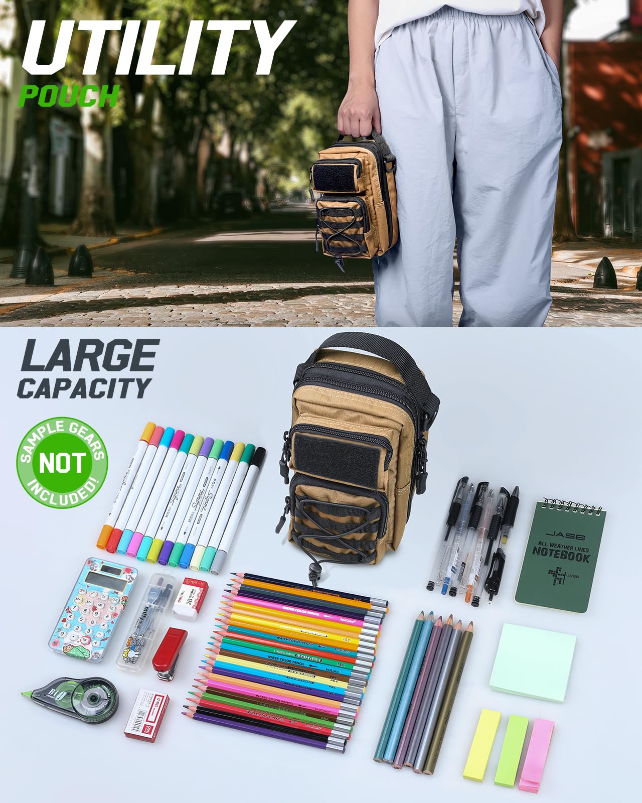 RXW Large Capacity Pencil Pouch for Boys, Tactical EDC Zippered Pencil Bag, Small Tool Pouch for Adults (includes US Flag Patch + 2 MOLLE Straps) (Coyote Brown)