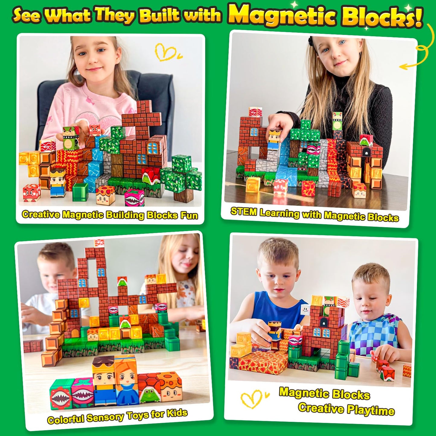 100PCS Magnetic Blocks Magnetic Building Blocks Sensory Toys for Kids Ages 3-5 6-8 8-12 Kids Game Toys for 3+ Year Old Boys & Girls, Mine Magnet World Craft 3 4 5 6 7 8 9 Year Old Boy Birthday Gift