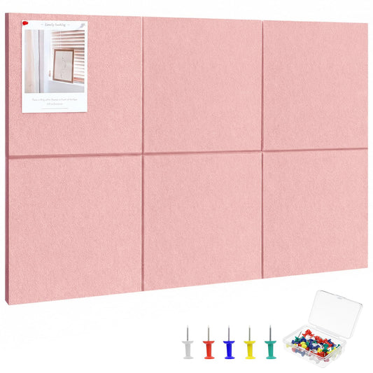 Thboxes Large Cork Board 36" x 24", 6 Pack Felt Wall Tiles with Colored Pushpins, Bulletin Board with 40 Safe Removable Adhesive Tabs, Pin Board Cork Boards for Walls Home Office Decor - Pink