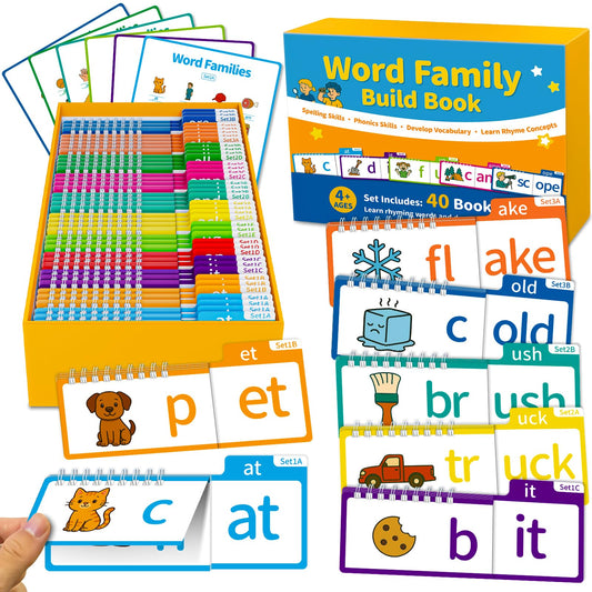 Phonics Flash Cards & Word Family Build Book, 40 Read & Rhyme Flip Books, Learn to Read for Kids Ages 3-8, Engaging Educational Tools for Preschool-Kindergarten, Fun Sight Word Games & Phonics Games