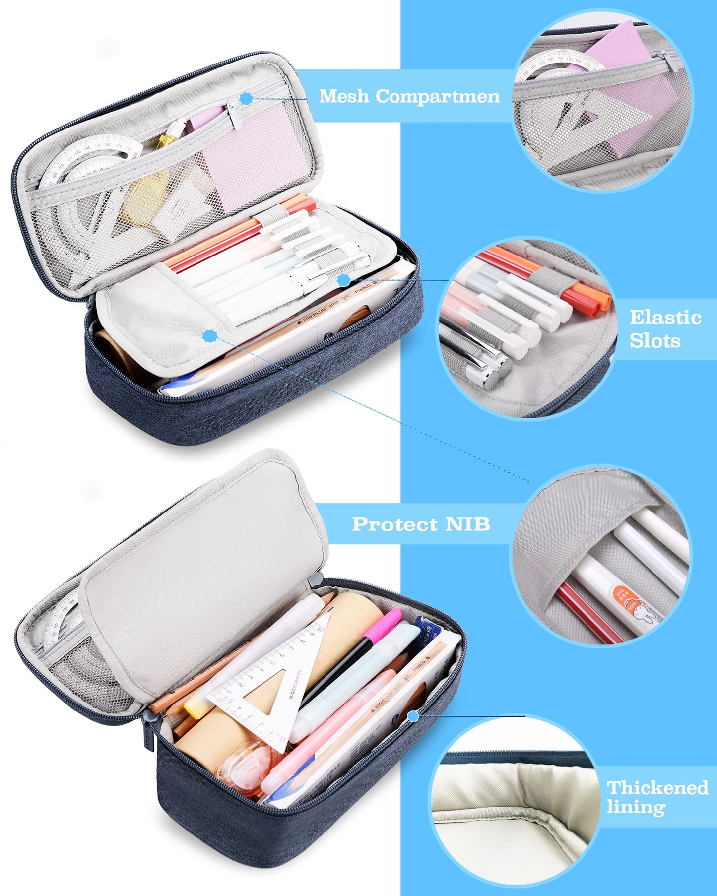 YOKUMA Pencil Case,Large Capacity Pencil Pouch,Aesthetic Zipper Pencil Box, Back to School Supplies for College Students Teen Adults (Blue) (handle-blue)