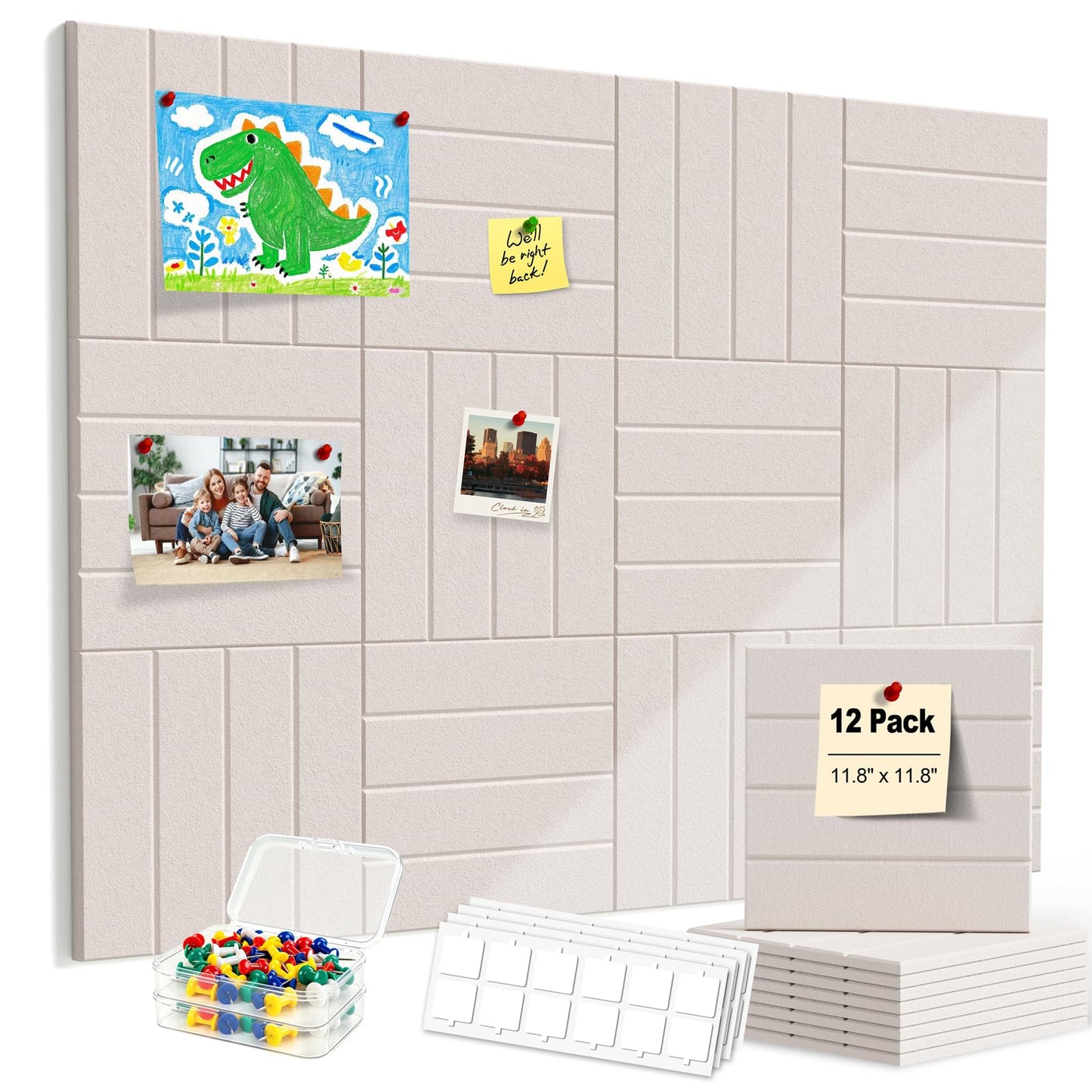 Sesiyoiu 12-Pack Felt Bulletin Board, 47.2" x 35.4" Large Cork Board Alternative for Walls Decor, with 60 Pushpins, 70 Damage-Free, Thick Pin Board for Office, Home, Classroom - Oatmeal