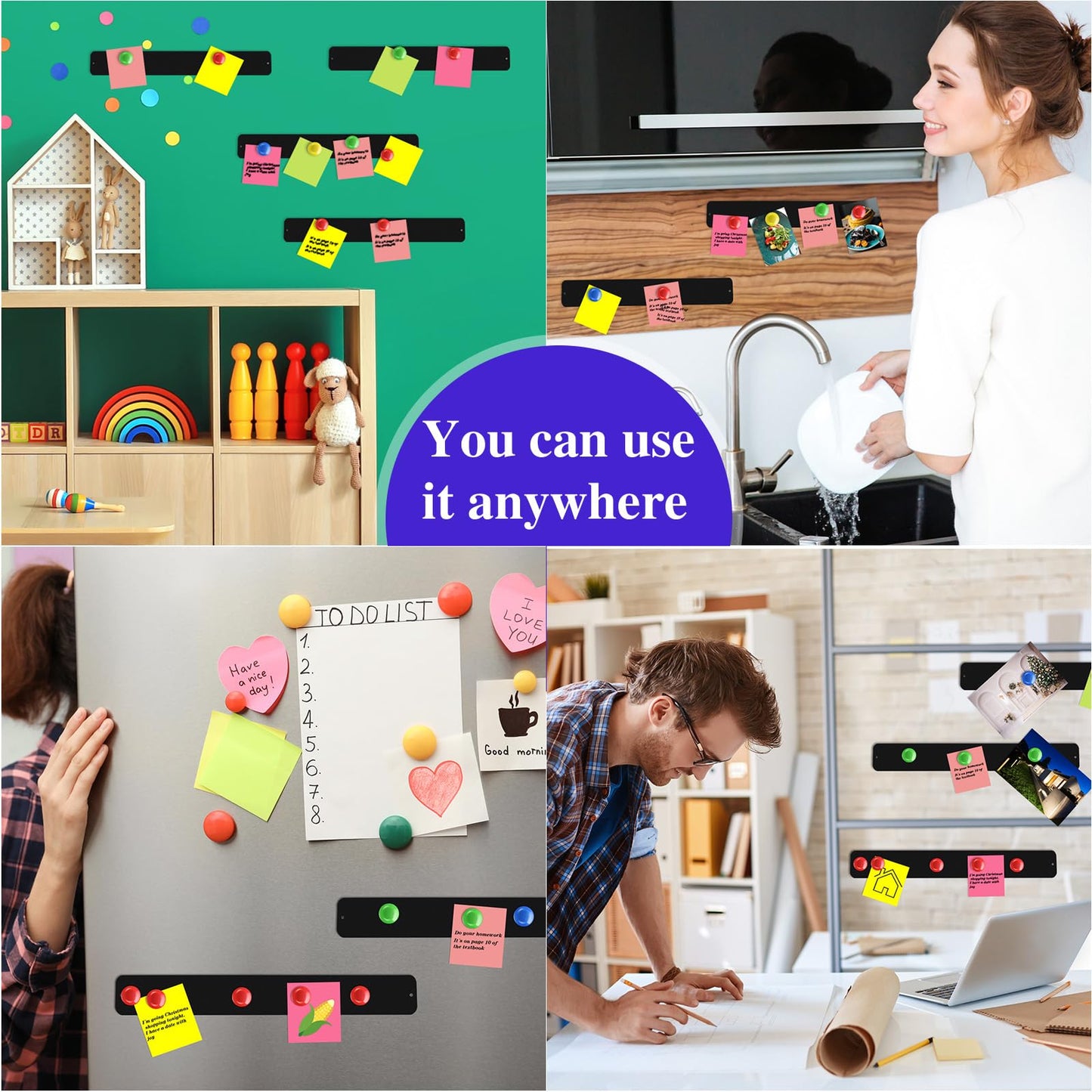 Outus 6 Pcs 15" x 2" Magnetic Wall Strips, Magnetic Bulletin Board Strip Set with 48 Pcs Colorful Magnets, Metal Display Board for Office Home Notes Photos(Black)