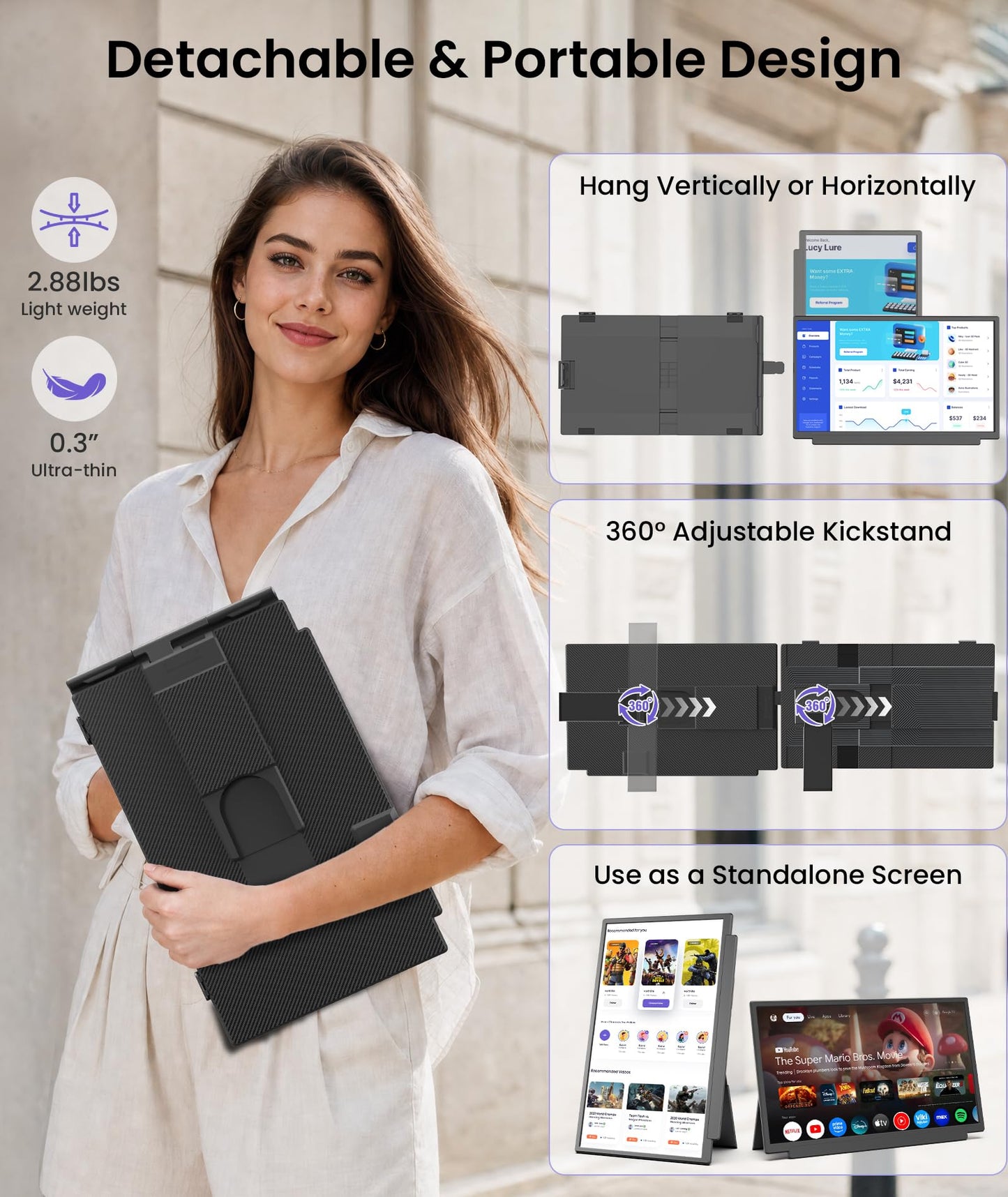 Orfibz 15.6" Laptop Screen Extender, 1080P FHD Detachable Laptop Monitor Extender, One Cable Plug & Play Portable Travel Monitor for 14"-17.3" Laptop Compatible with Wins/Mac/Chrome/Android