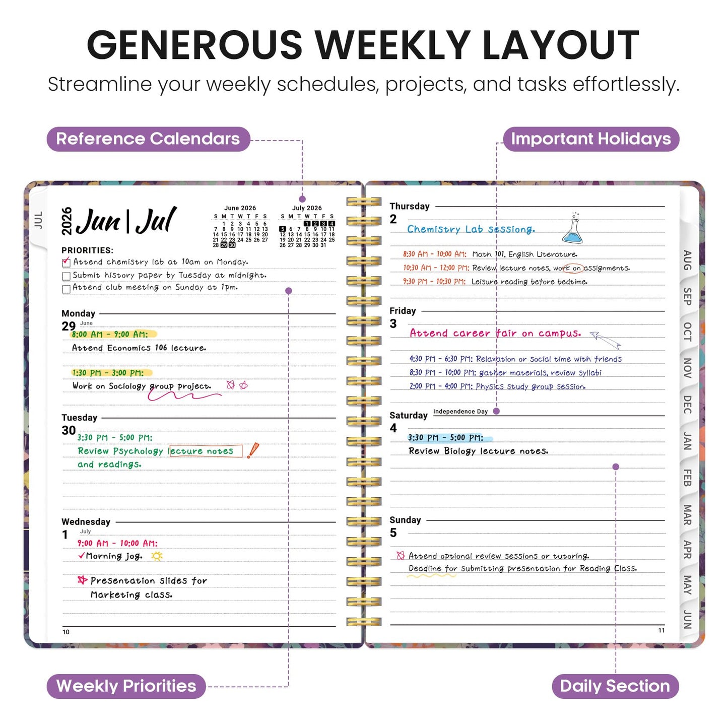 Planner 2026-2027, Academic Year Weekly and Monthly Calender Planner, from Jul 2026 - Jun 2027, Spiral Bound School Planning Book, Perfect for Teacher, Student, Women & Men, A4 (8.5" x 11"), Lavendar Floral