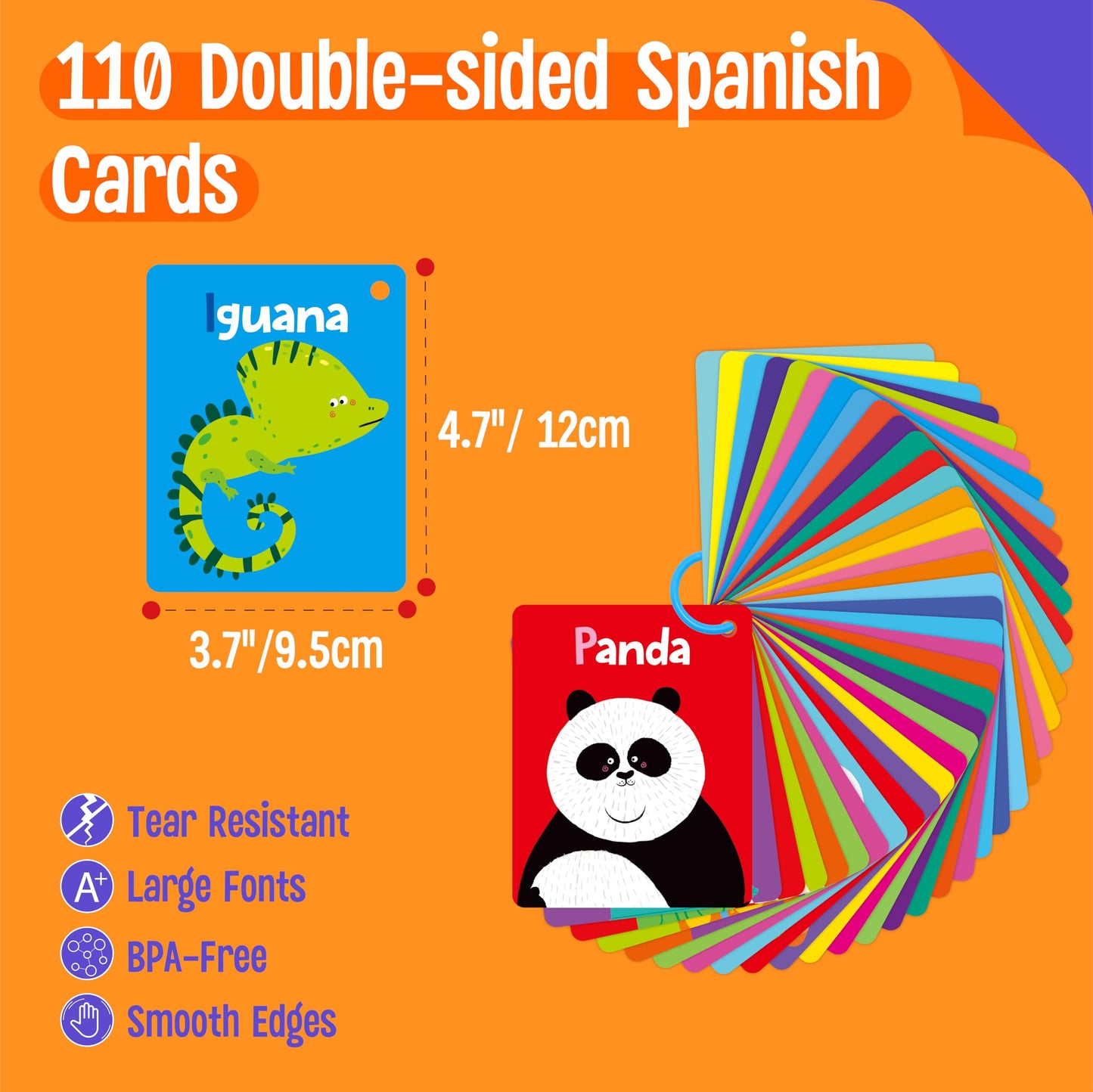 110 PCS Early Learning Flashcards, Double-Sided Spanish Cards- Alphabet, Numbers, Foods, Animals, Shapes, Colors, Emotions with 4 Reclosable Rings, Learning Tool for Pre-K Kindergarten Toddlers