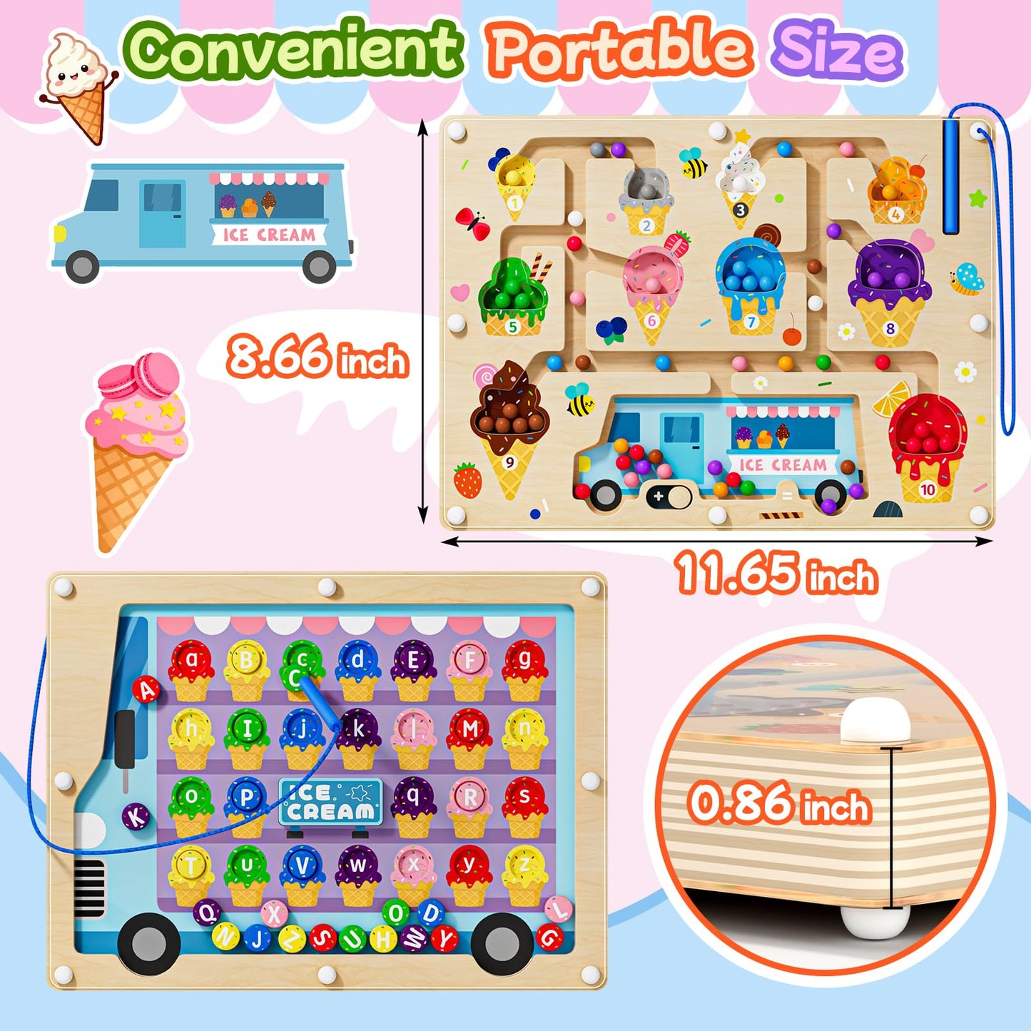 UMEREACT 2 in 1 Magnetic Color and Number Maze Double-Sided ABC Alphabet Puzzles Board Magnet Dinosaur Counting Maze Preschool Learning Montessori Education 3 4 5 Years Toys (Ice Cream, One Size)