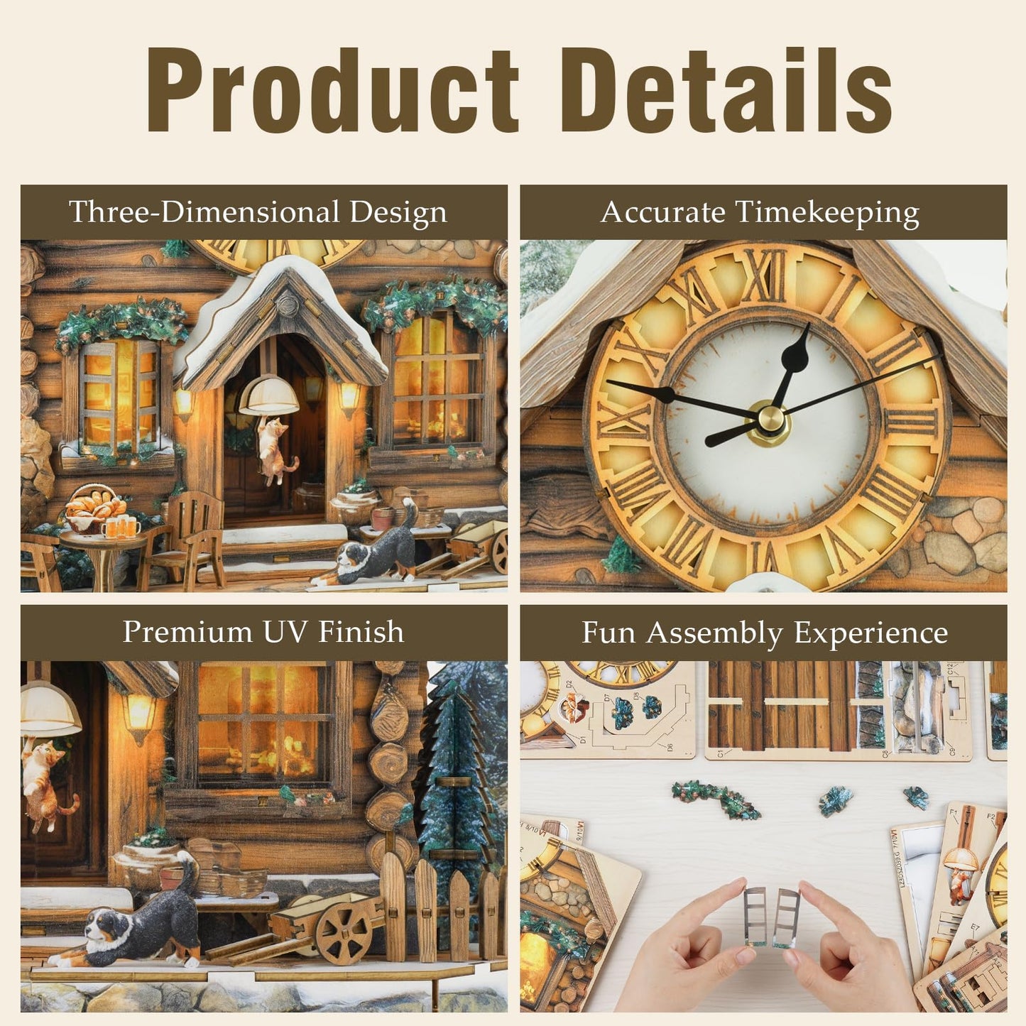 Rnfinewow 3D Wooden Puzzles for Adults, 3D Puzzle Swiss Snow House Clock Kit (with Pendulum), 3D Puzzles for Adults Home Decor DIY Clock Puzzle Gifts for Women Men