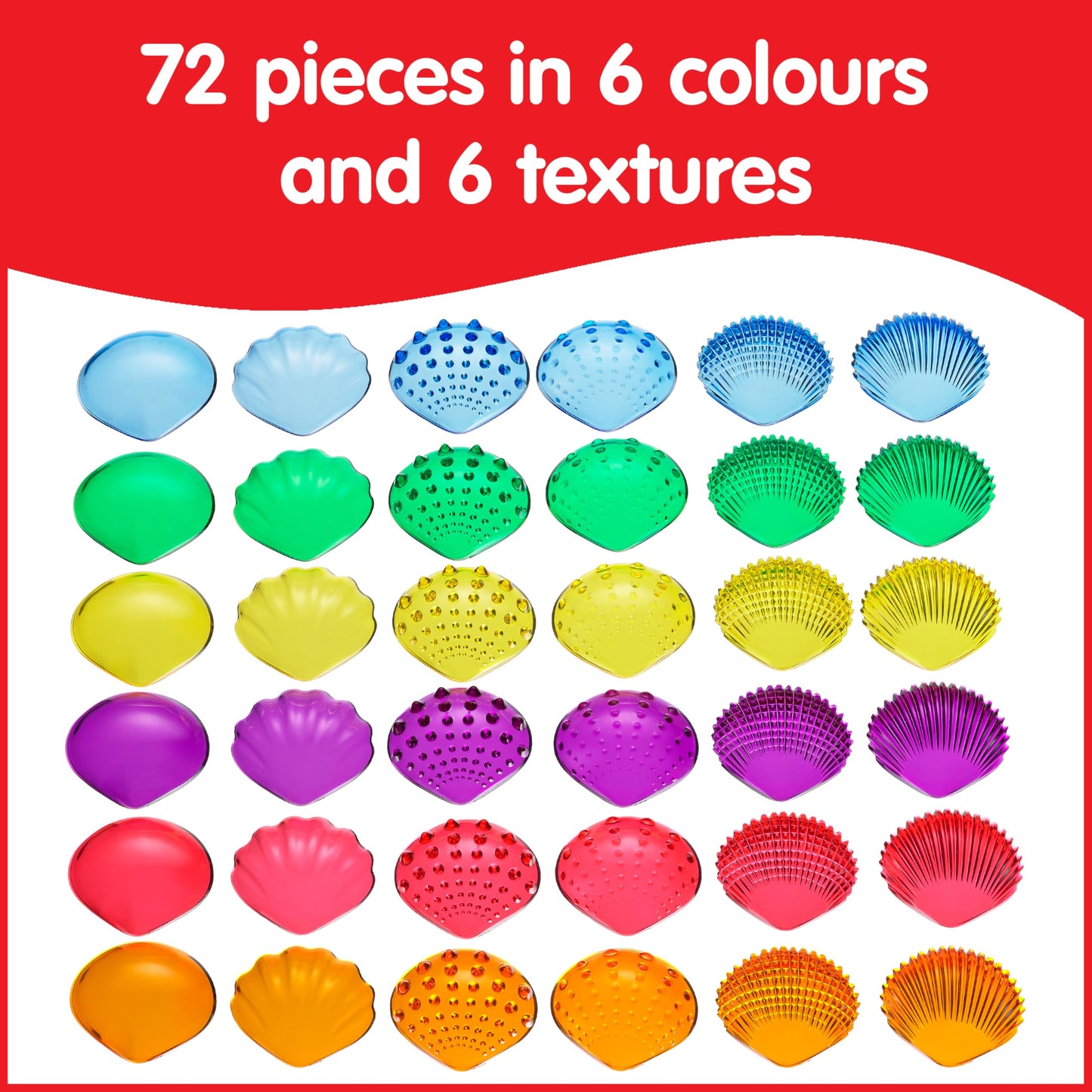edxeducation Tactile Shells | Set of 72 | Translucent | 6 Textures and Colors | Ages 18m+ | Explore Early STEM Concepts | Light Table and Sensory Bin Toys