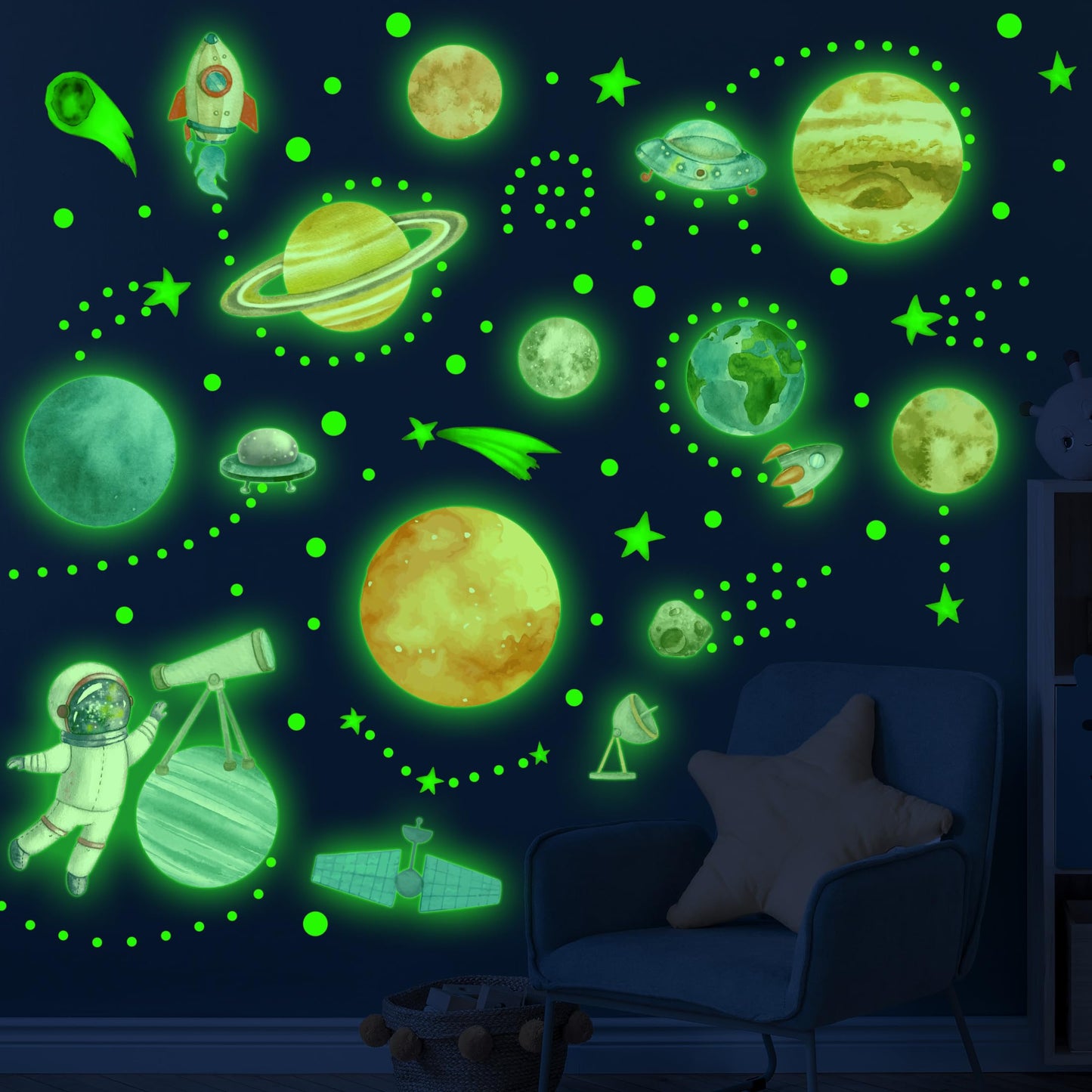 Watercolor Solar System Wall Decals, Glow in The Dark Stars, Kids Planets Sticker for Ceiling, Astronaut Wall Stickers for Bedroom, Green