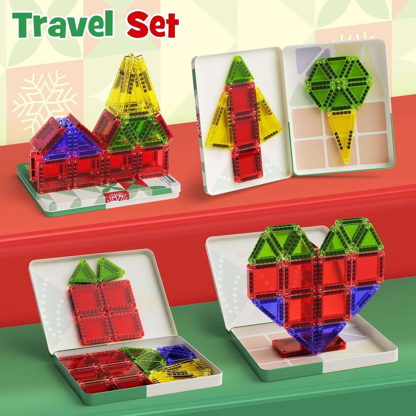 MEIQ Travel Magnetic Tiles for Kids, 26 PCs Mini Magnetic Building Blocks with Festive Iron Storage Box, STEM Travel Toys for Toddlers Ages 3-5+, Educational Learning Gift for Boys & Girls