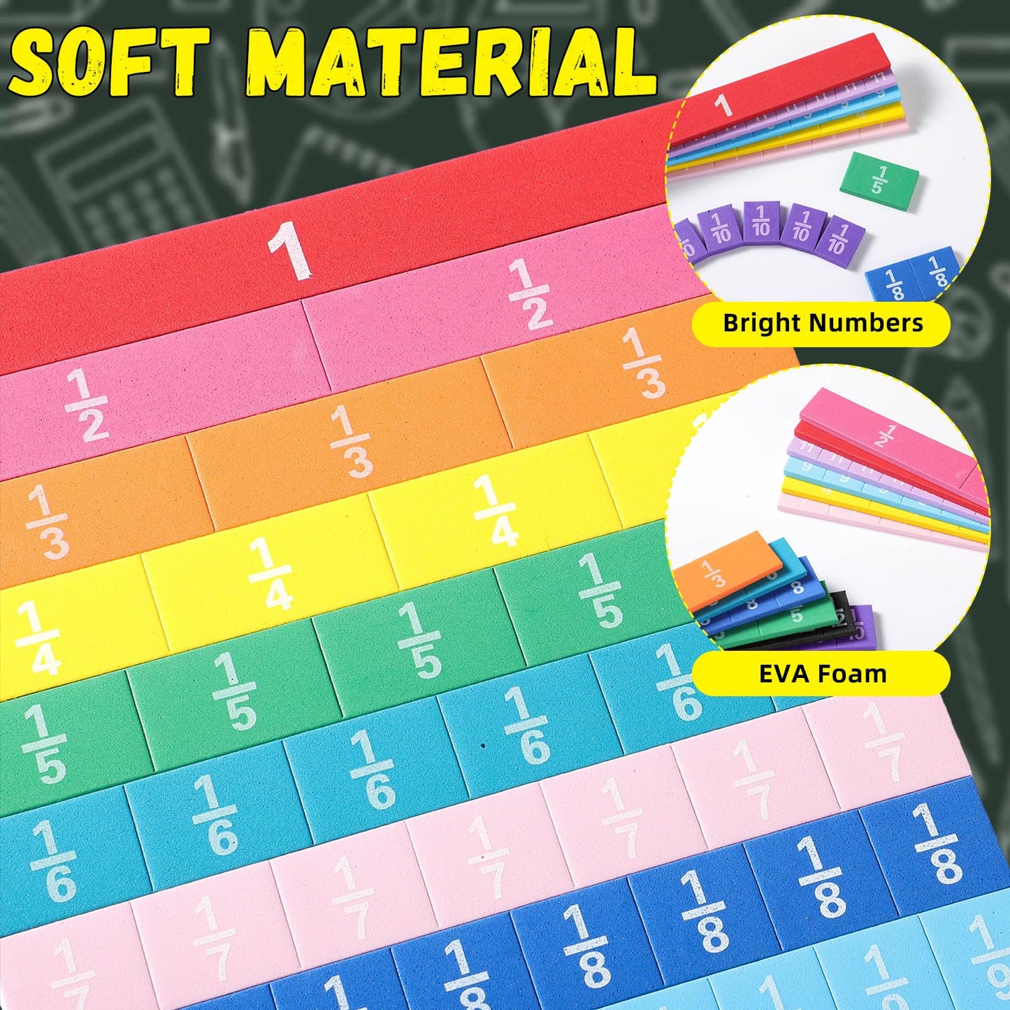 Sayglossy 36 Sets Fraction Tiles Set for Classroom Rainbow 11.8 x 8 in Fraction Strips Bars Math Manipulatives Montessori Math Materials for Home Learning School Educational (Vivid Color)