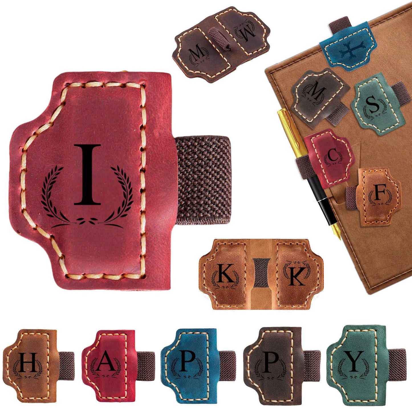 Custom Bygone Mark Bookmark with Pen Holder, 26 Letters Name Initial Personalized Magnetic Leather Bookmark, Gifts for Book Lovers, Readers, Travelers, Leather Book Marks (Wine Red, I)