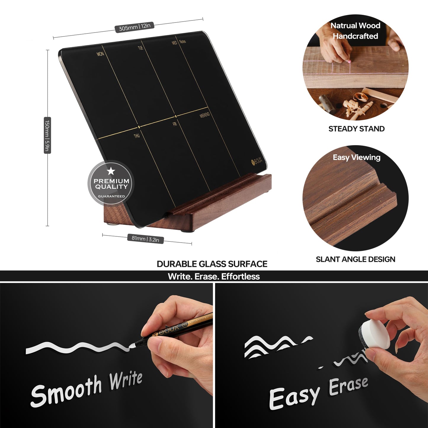 Desktop Black Glass Weekly Planner Dry Erase Whiteboard with Detachable Wood Stand,Small Portable Week Calendar to Do List White Board 12x6 for Office, Home, Schools, Marker&Eraser Included, Yeoux