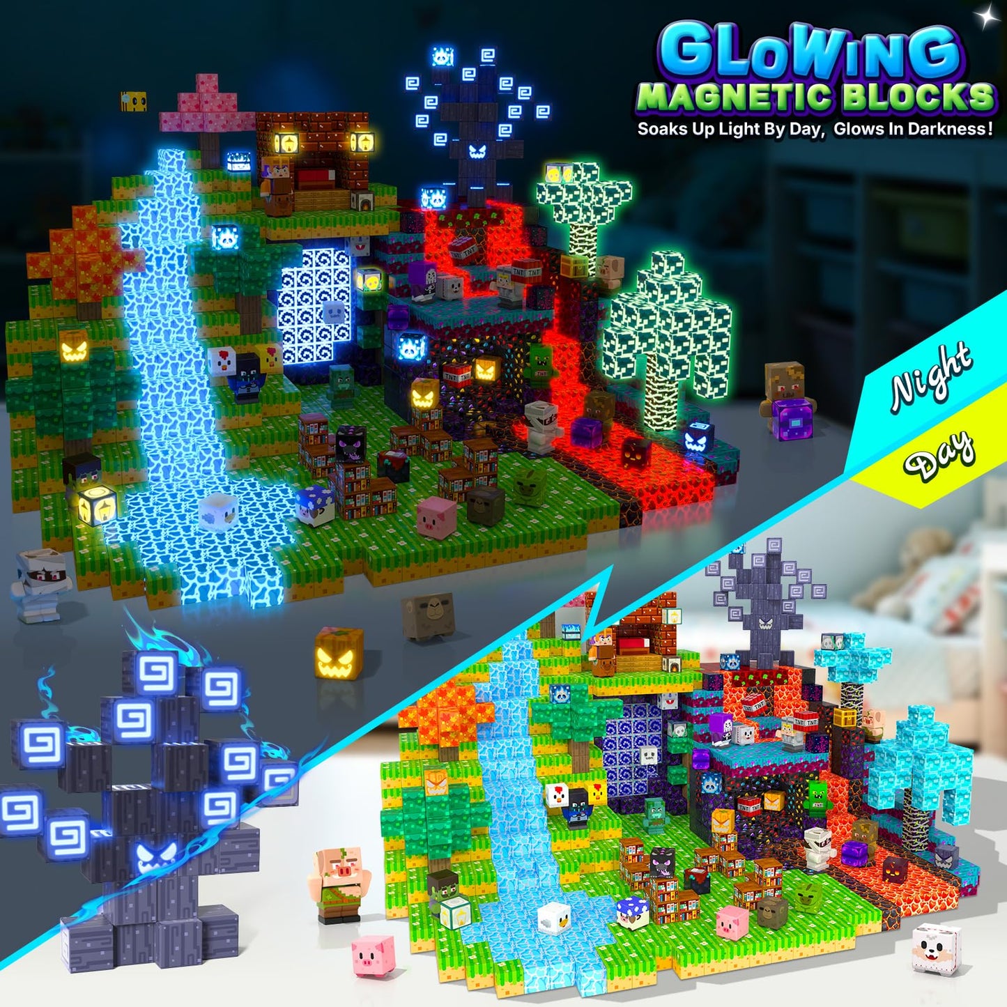 IGIVI 500PCS Magnetic Blocks with Light Up Blocks, Build Mine Magnet World Set, Magnetic Cubes STEM Game Toys for Kids Ages 4-6 6-8 8-12, Christmas Birthday Gifts for 3+ Years Old Boys & Girls